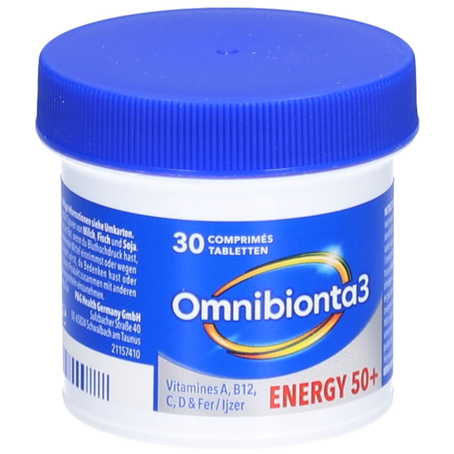 Flacon de comprimés avec bouchon bleu. Inscription: Omnibionta3 Energy 50+. 30 comprimés.