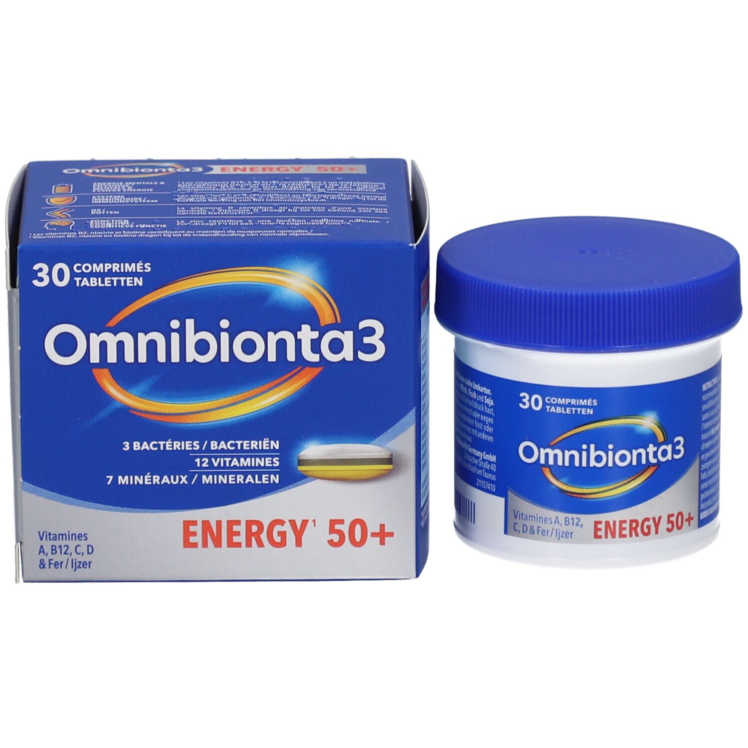 Boîte et flacon de comprimés. Inscription: Omnibionta3 Energy 50+. 30 comprimés.