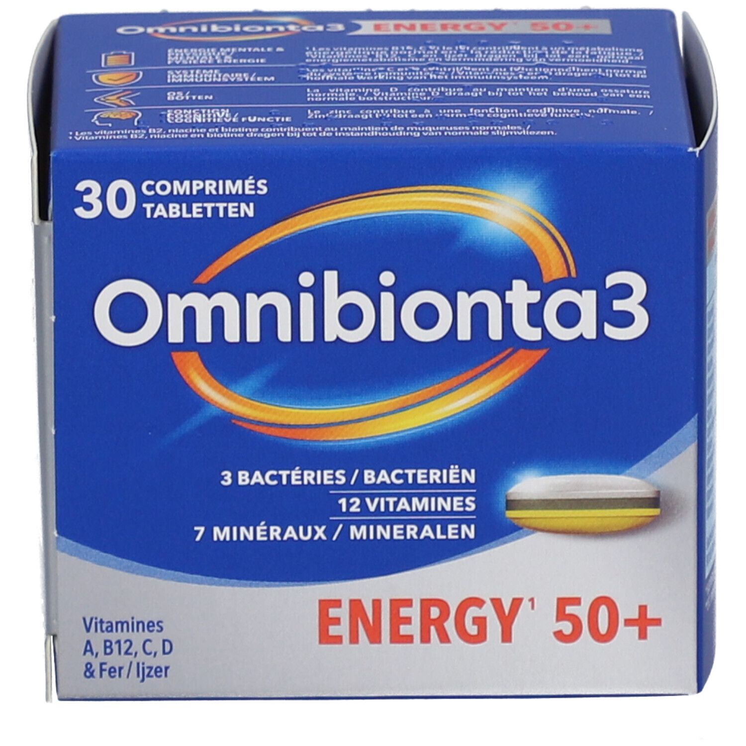 Boîte de comprimés. Inscription: Omnibionta3 Energy 50+. 30 comprimés.