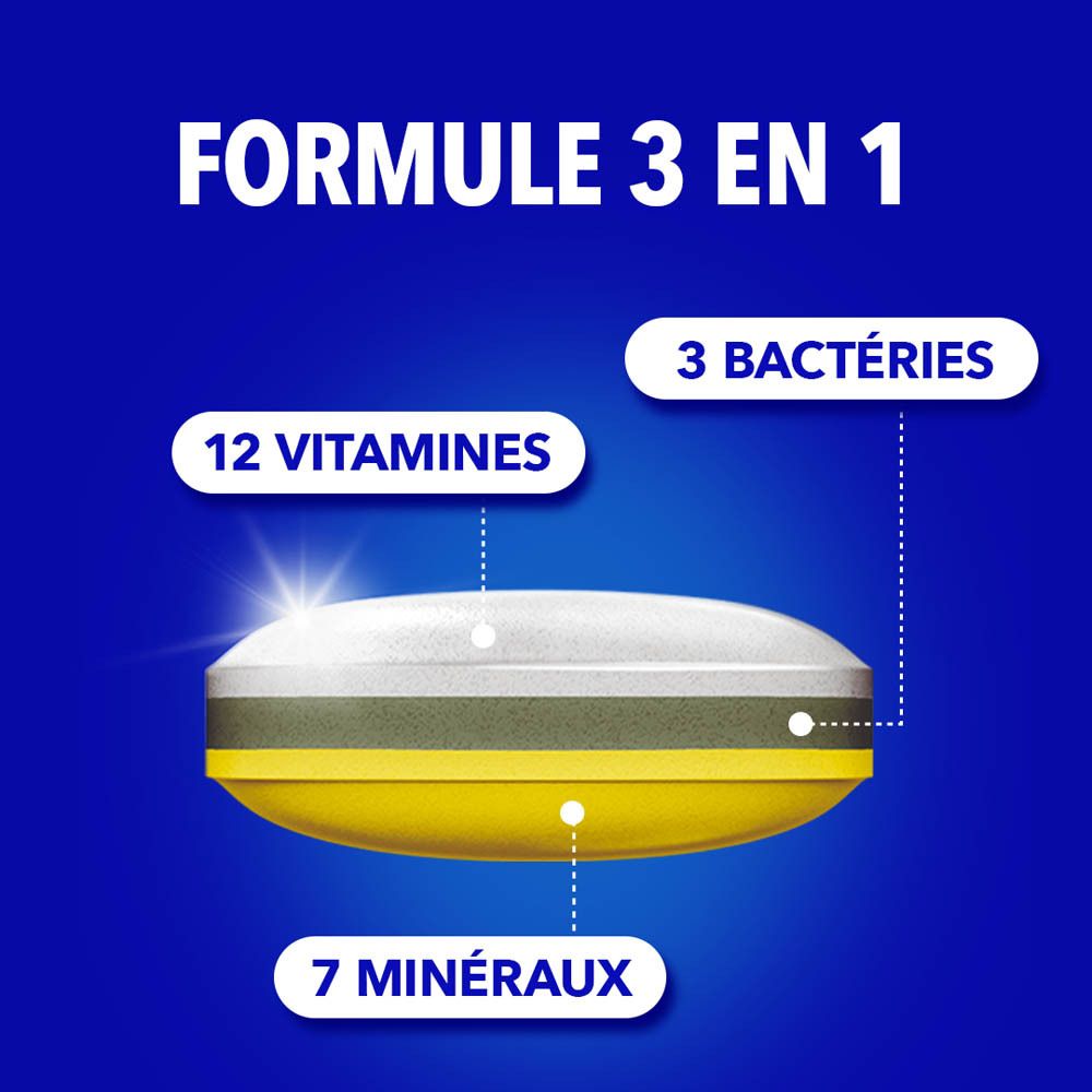 Graphique: comprimé à 3 couches. Texte: 3 bactéries, 12 vitamines, 7 minéraux.