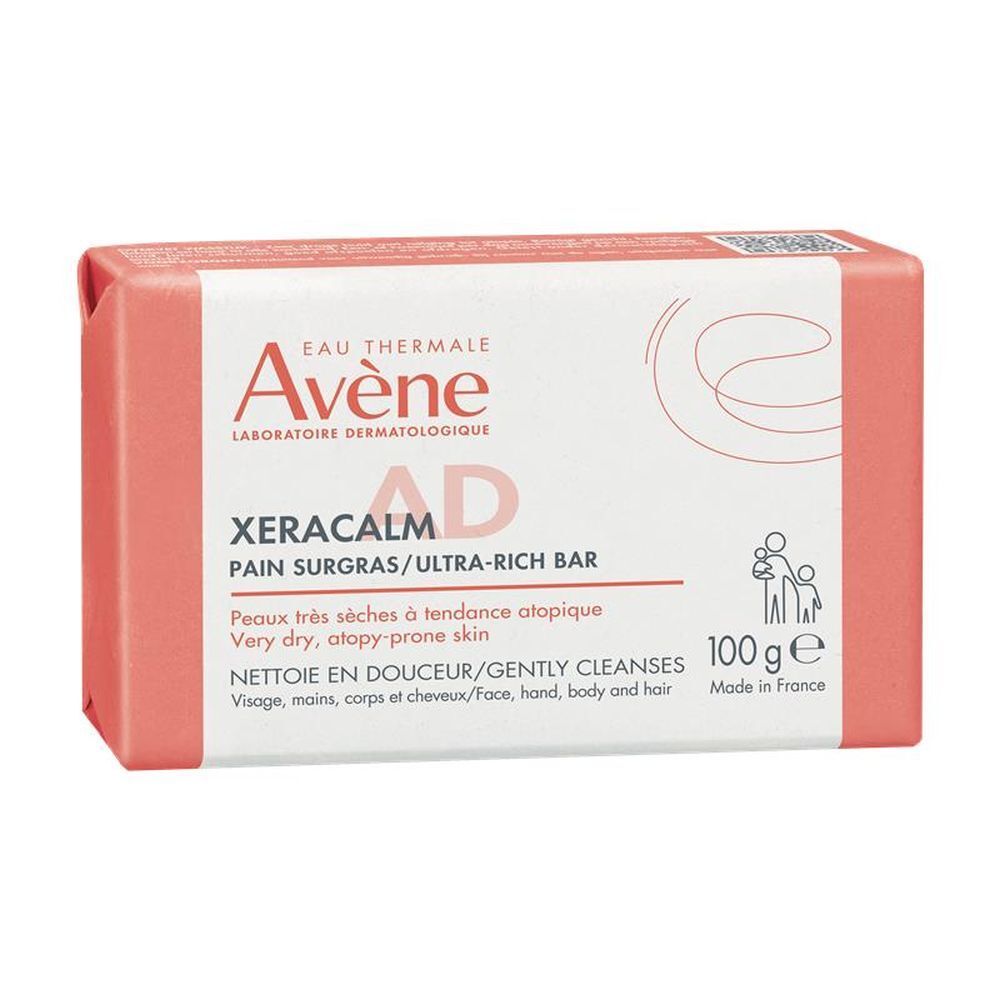 Zeep in roze verpakking. Opschrift: Avène XeraCalm A.D Pain Surgras. Voor zeer droge, atopiegevoelige huid. 100g.