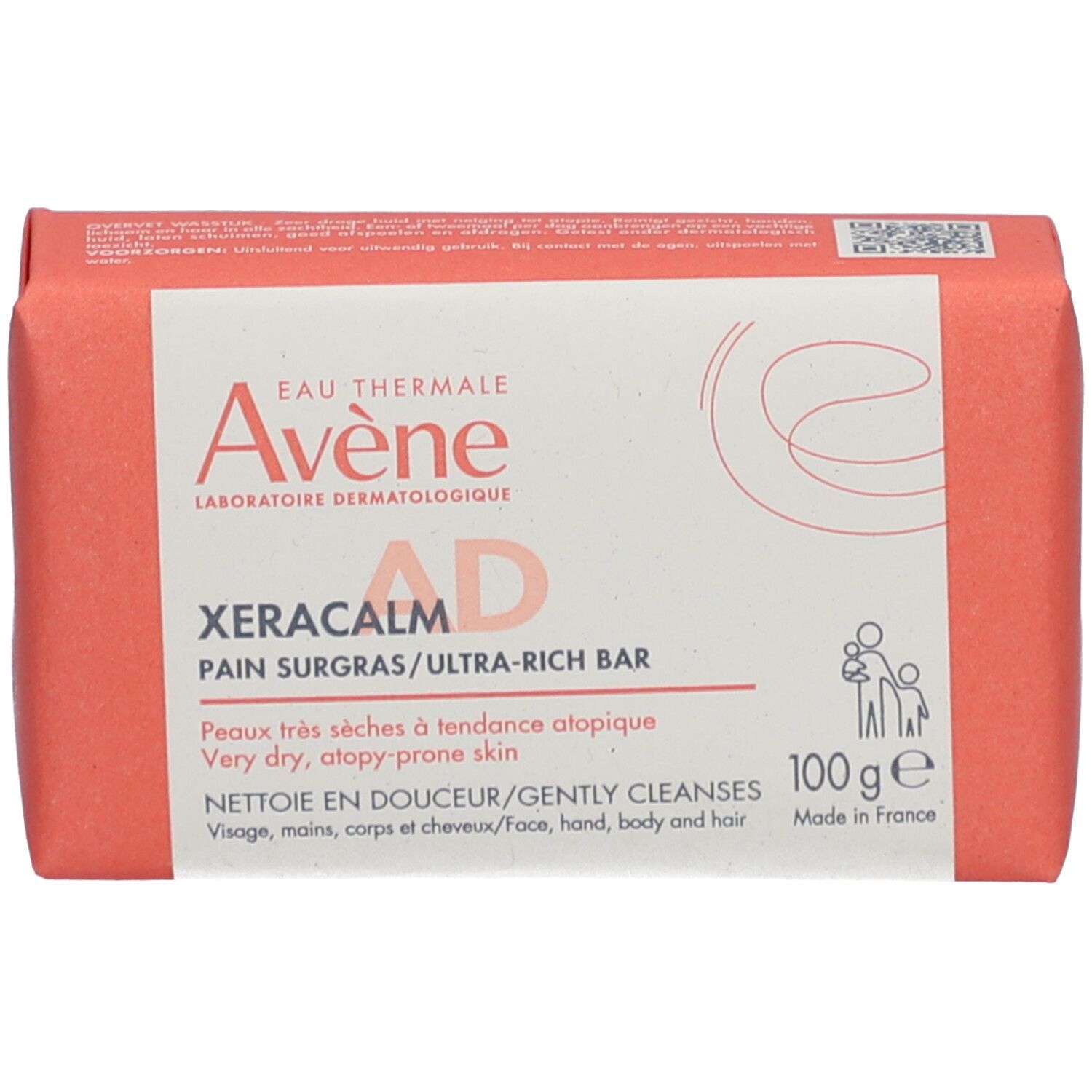 Zeep in roze verpakking. Opschrift: Avène XeraCalm A.D Pain Surgras. Voor zeer droge, atopiegevoelige huid. 100g.