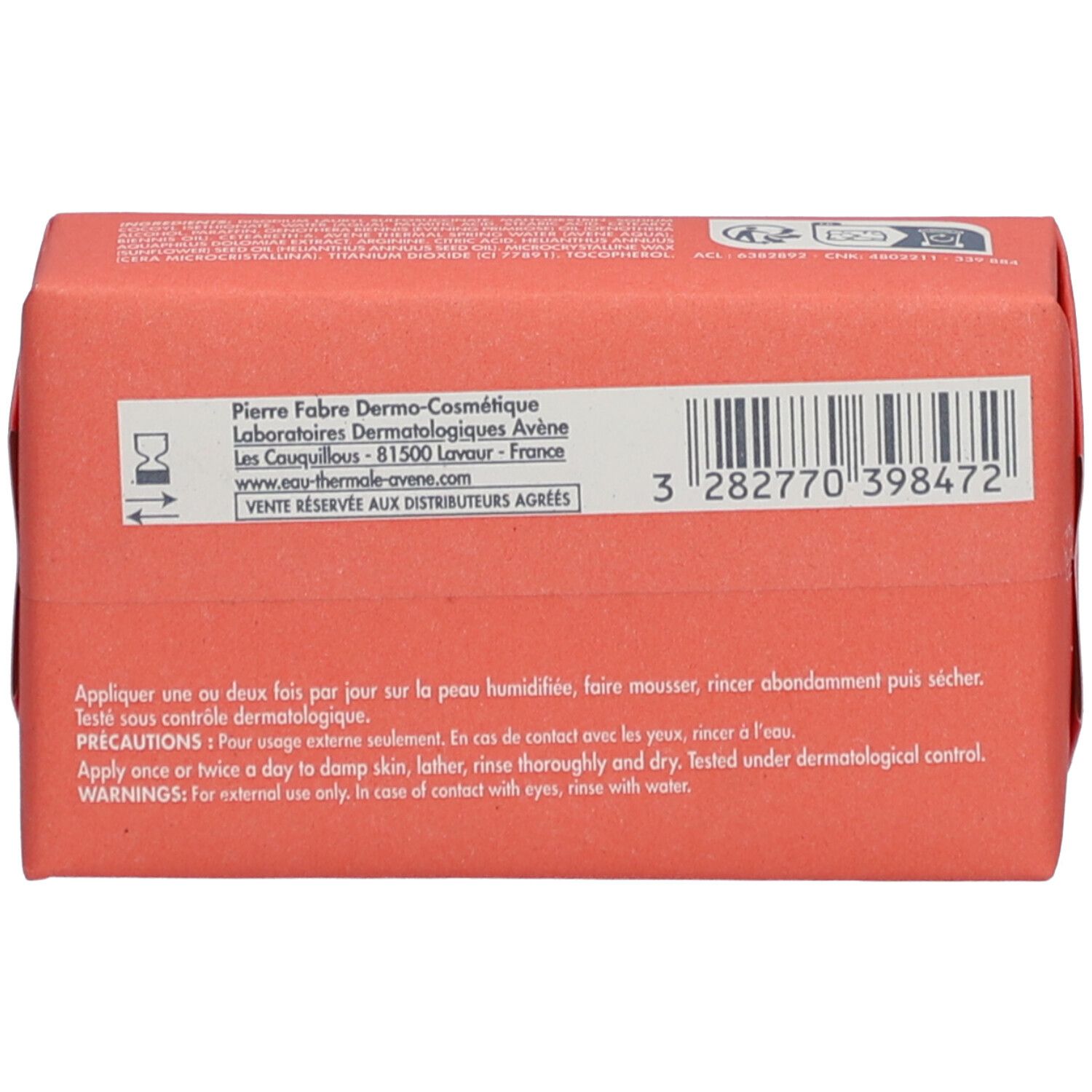 Achterkant van de zeepverpakking. Tekst: Pierre Fabre, Laboratoires Dermatologiques Avène. Barcode en instructies.
