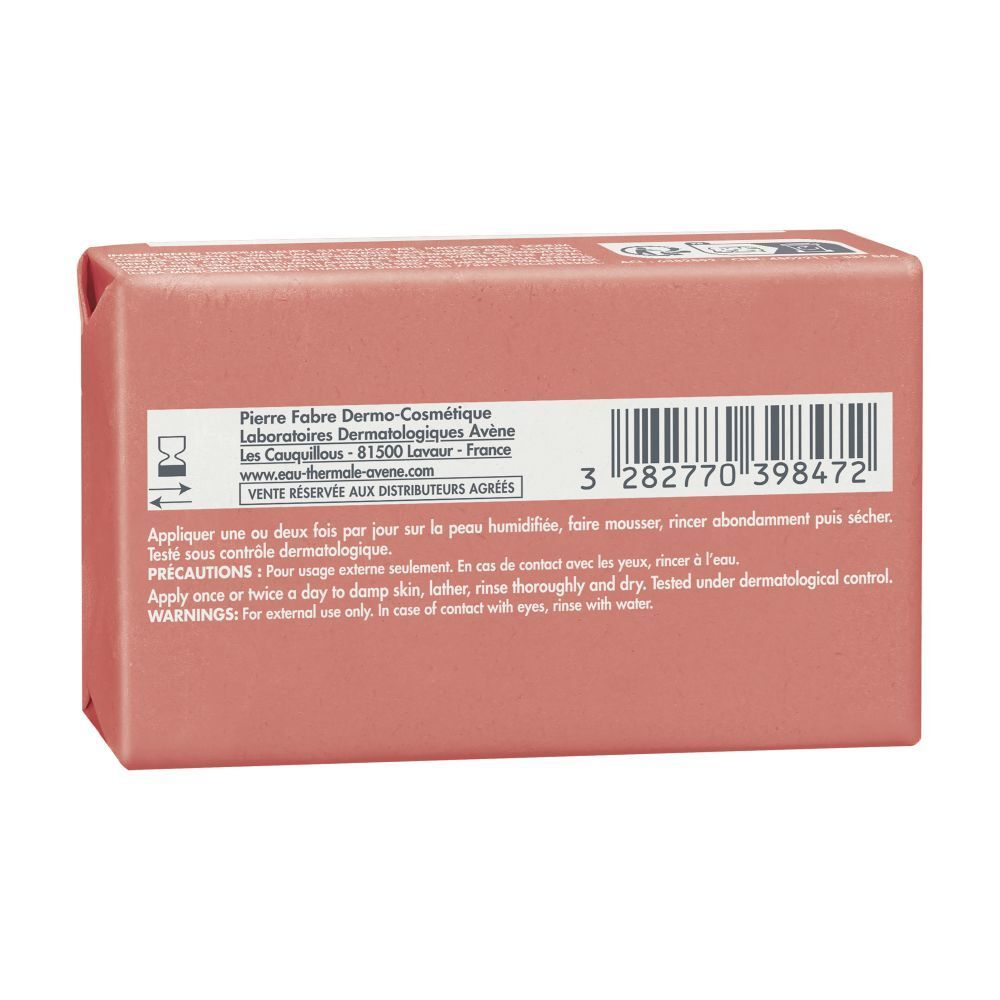 Achterkant van de zeepverpakking. Tekst: Pierre Fabre, Laboratoires Dermatologiques Avène. Barcode en instructies.