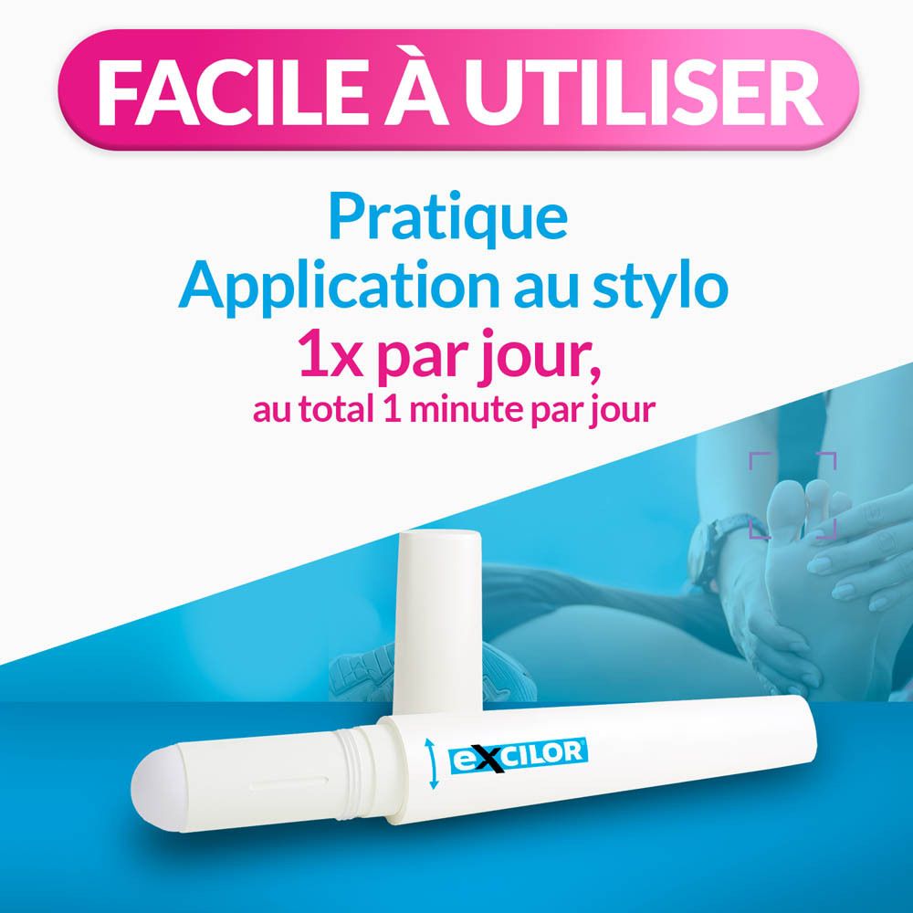 Excilor Easy, applicateur et texte. Application au stylo. 1 minute par jour.