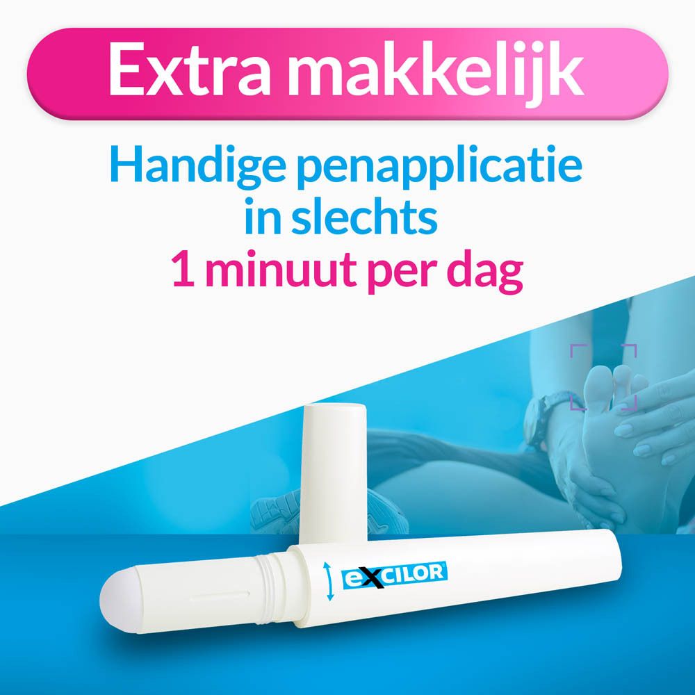 Exilor nagelverzorgingsstift met applicator. Toont gezonde en geïnfecteerde nagel.