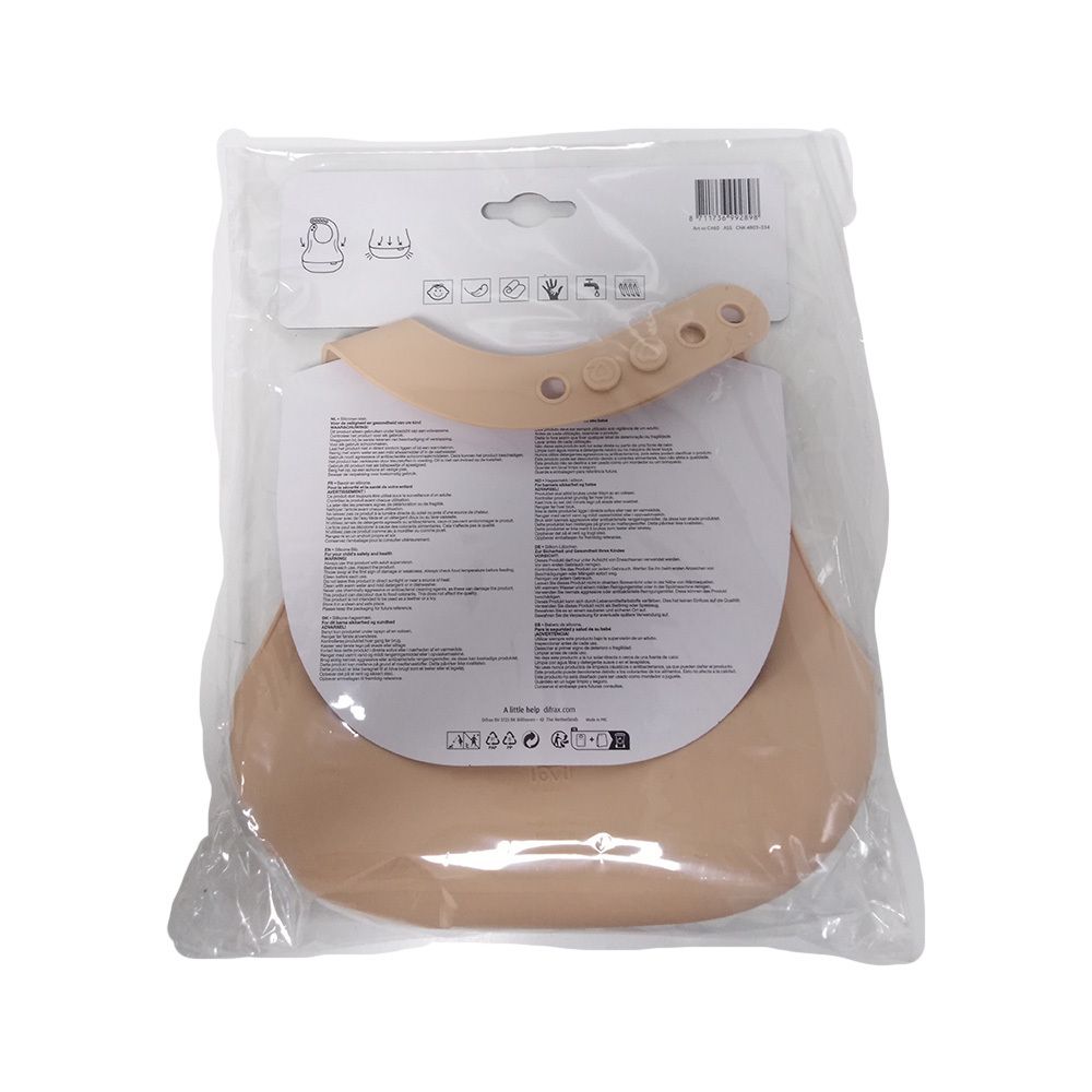 Rückseite eines beigefarbenen Silikon-Lätzchens in Plastikverpackung. Marke Difrax. Mit verstellbarem Nackenband und Gebrauchsanweisung.