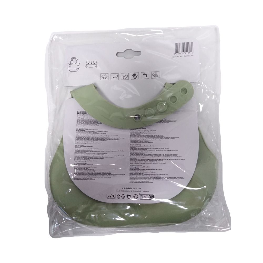 Rückseite des Silikon-Lätzchens in Plastikverpackung. Pistazienfarbe. Marke Difrax. Mit Informationen und Symbolen.