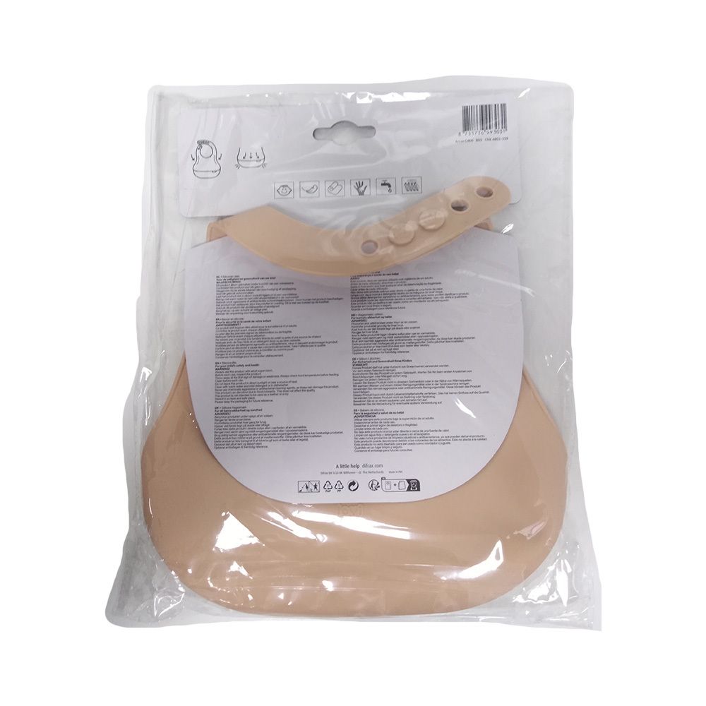 Rückseite des Silikon-Lätzchens in Verpackung. Beige Farbe, mit verstellbarem Verschluss. Text und Symbole.