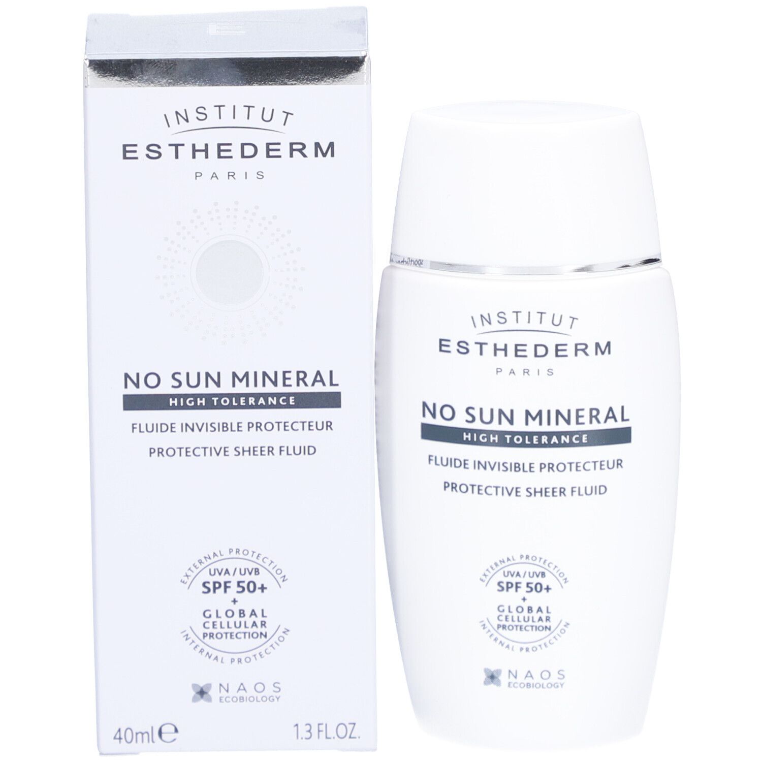 Produkt und Verpackung. Weisse Flasche und Karton mit Aufschrift: Institut Esthederm, No Sun Mineral.