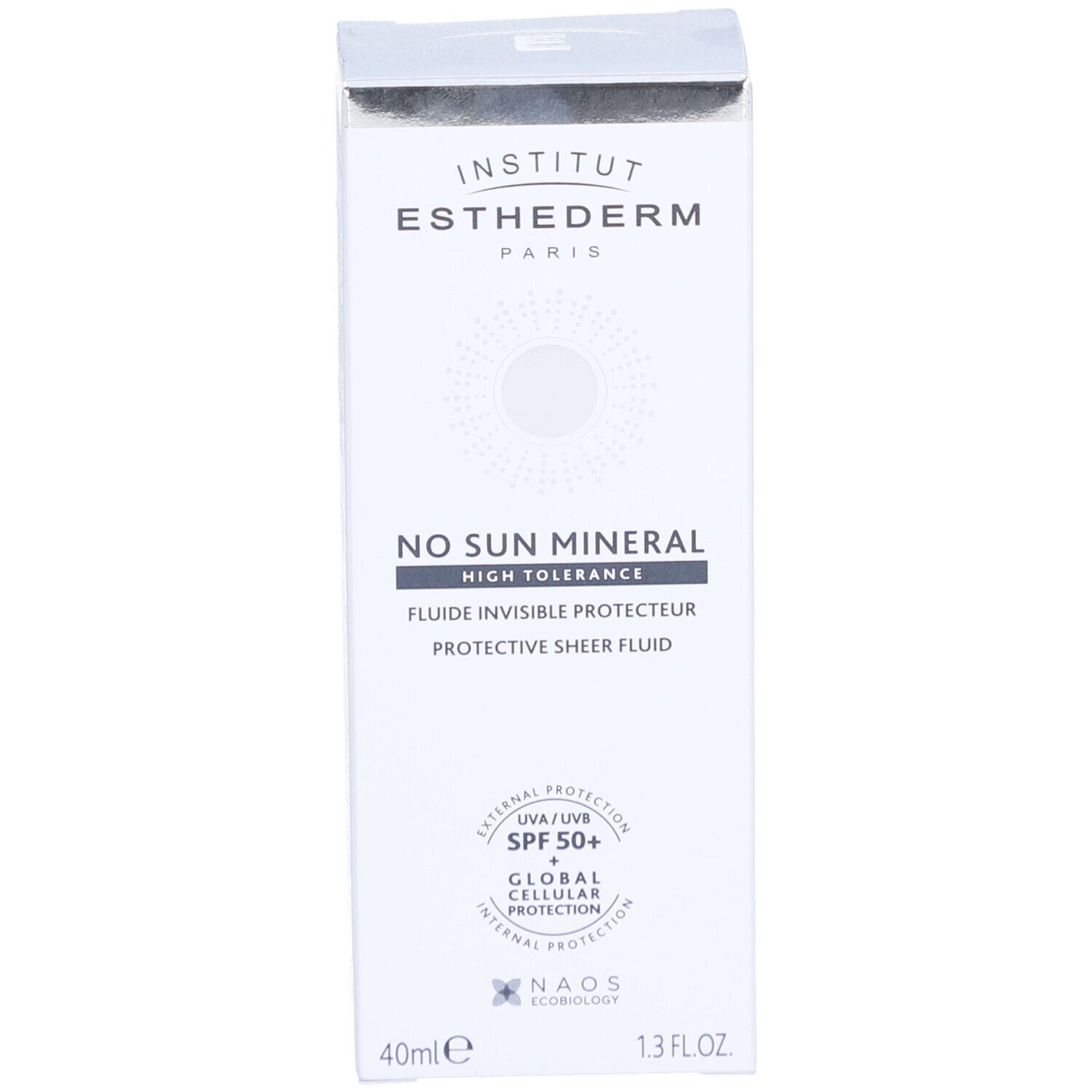 Weisse Produktverpackung mit Aufschrift: Institut Esthederm, No Sun Mineral, Fluide Invisible Protecteur.