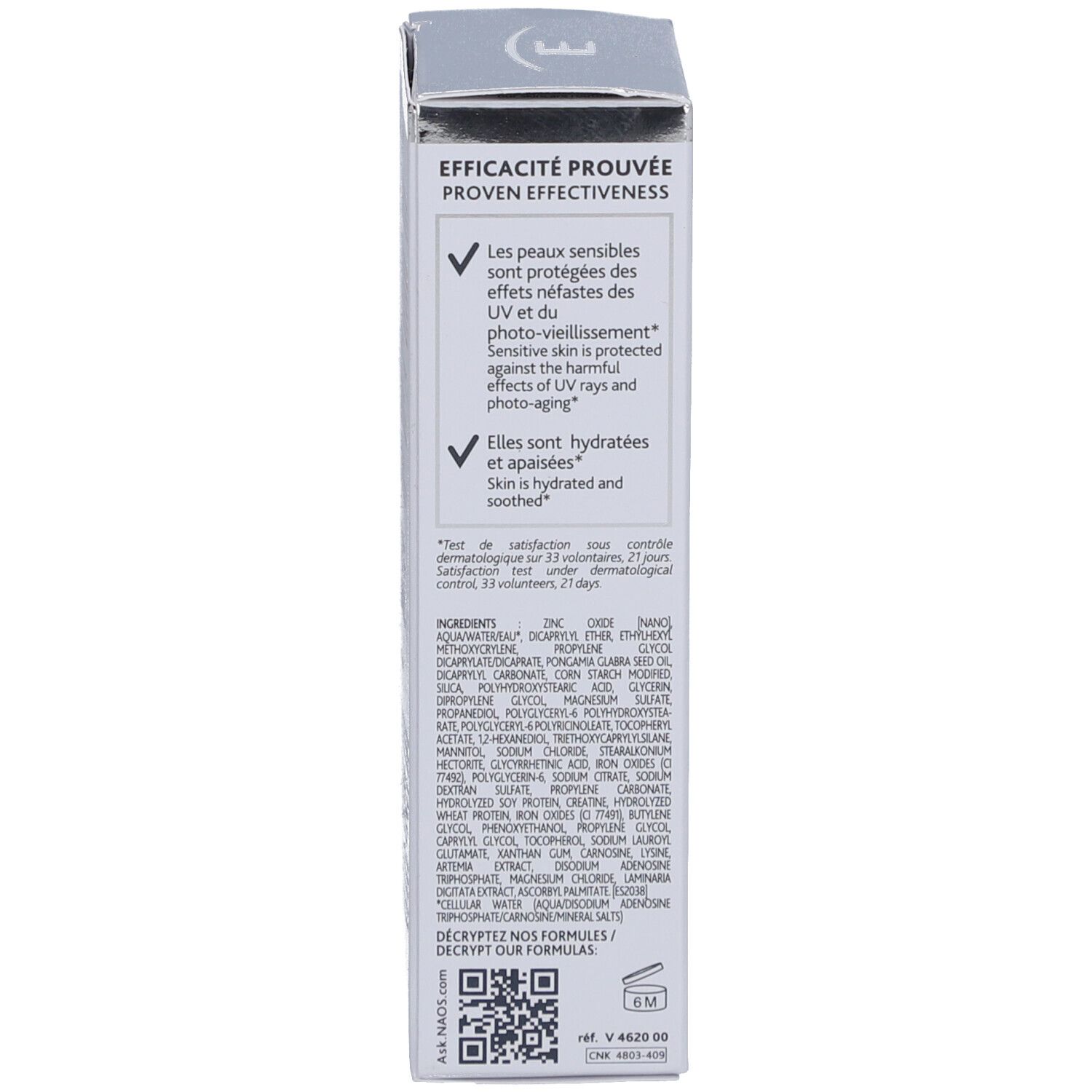 Produktverpackung. Text: Wirksamkeit bewiesen. Schützt vor UV-Strahlen und Hautalterung. Inhaltsstoffe.