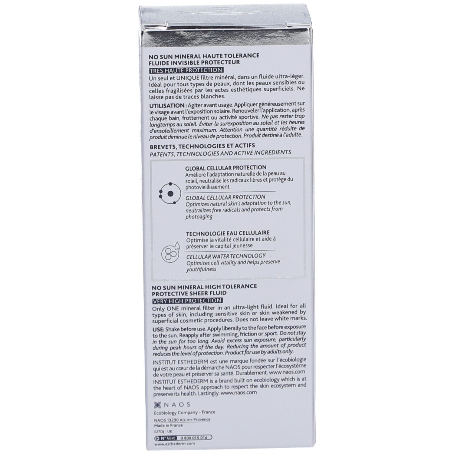 Produktverpackung. Text: No Sun Mineral, Anwendungshinweise, Inhaltsstoffe, Herstellerinformationen.
