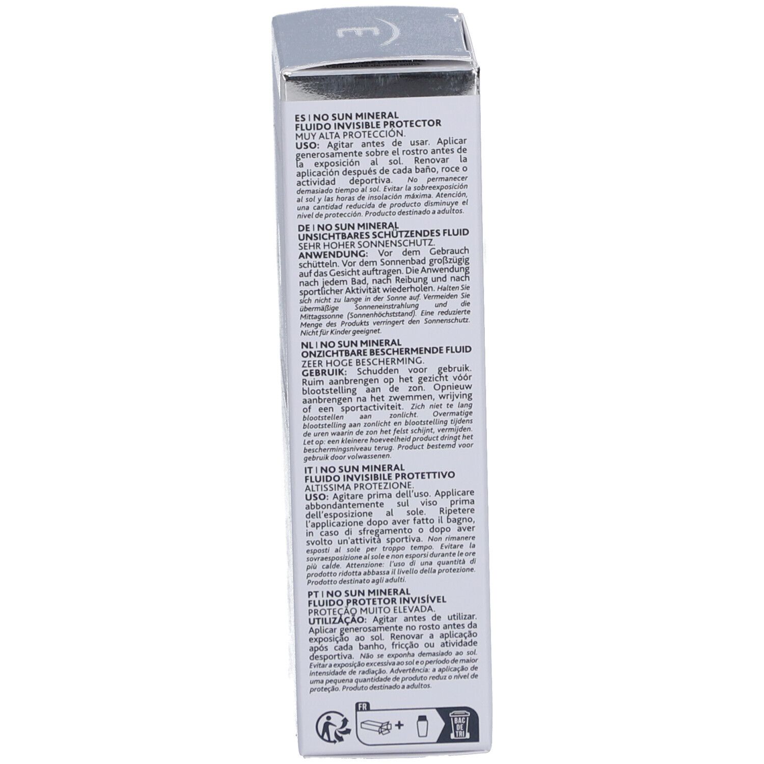 Produktverpackung. Text in verschiedenen Sprachen: Anwendungshinweise, Herstellerinformationen.