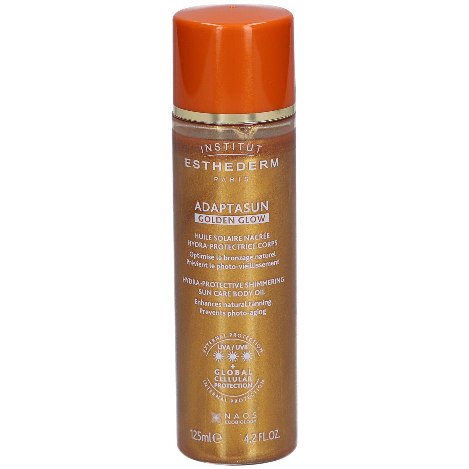 Goldfarbene Flasche mit orangefarbenem Deckel. Aufschrift: Institut Esthederm, Adaptasun Golden Glow, Huile Solaire Nacrée.