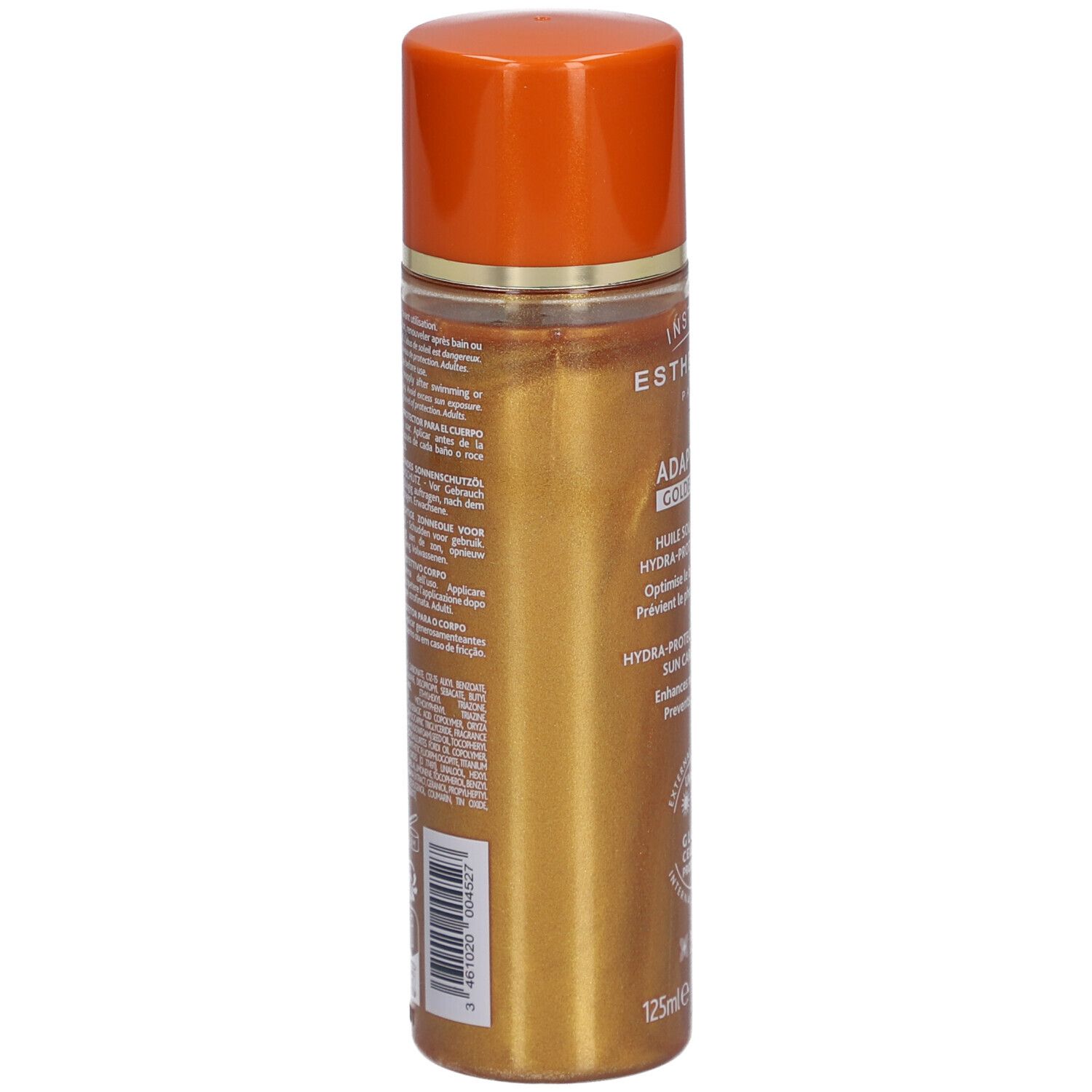 Goldfarbene Flasche mit orangefarbenem Deckel. Rückseite mit Text und Barcode. Aufschrift: Institut Esthederm, Adaptasun.