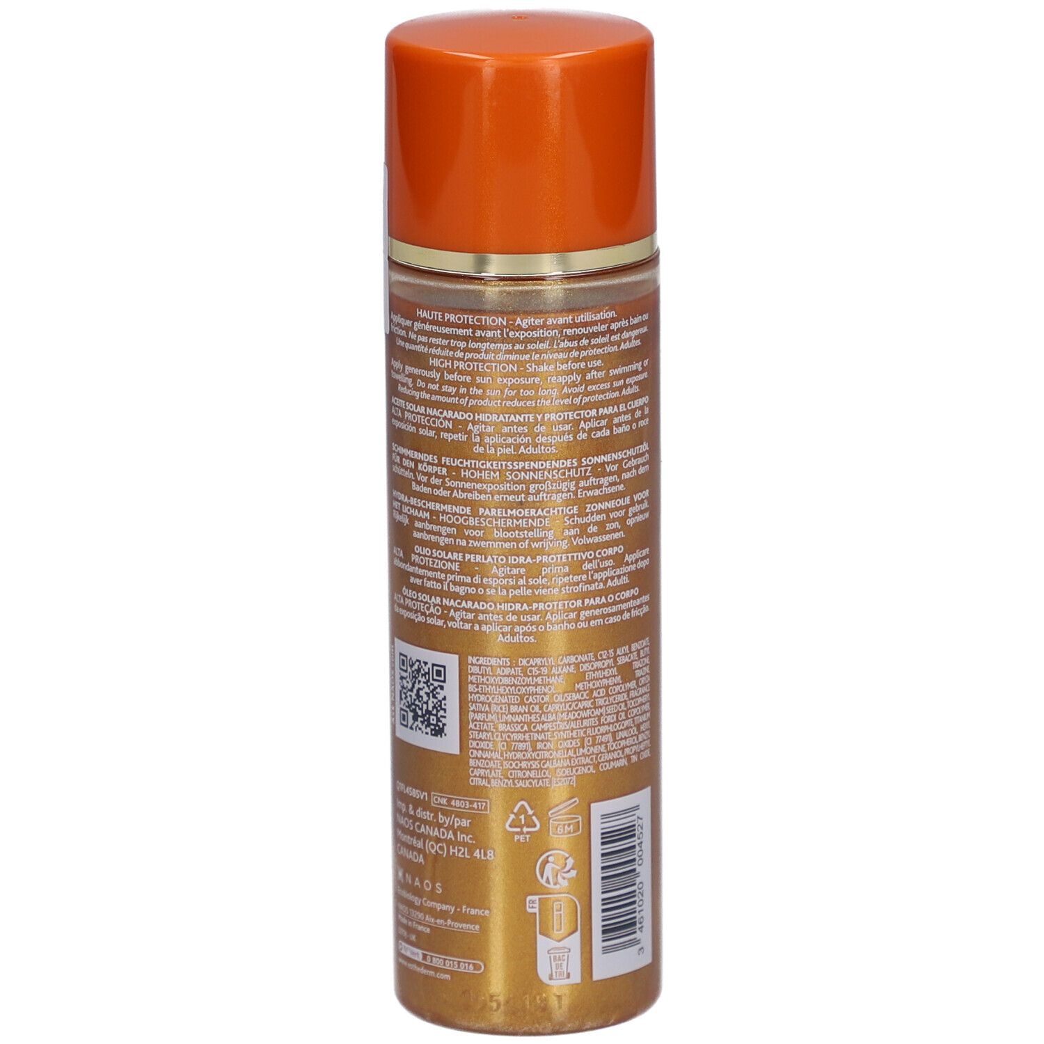 Goldfarbene Flasche mit orangefarbenem Deckel. Rückseite mit Text und QR-Code. Aufschrift: Institut Esthederm, Adaptasun.