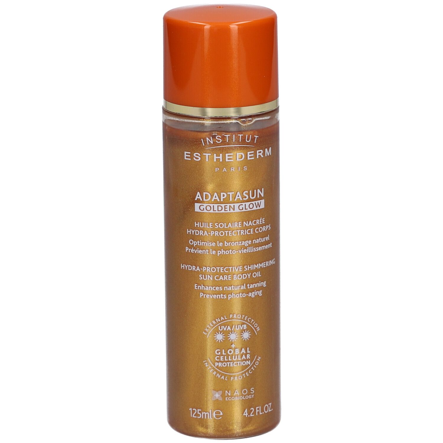 Goldfarbene Flasche mit orangefarbenem Deckel. Aufschrift: Institut Esthederm, Adaptasun Golden Glow, Huile Solaire Nacrée.