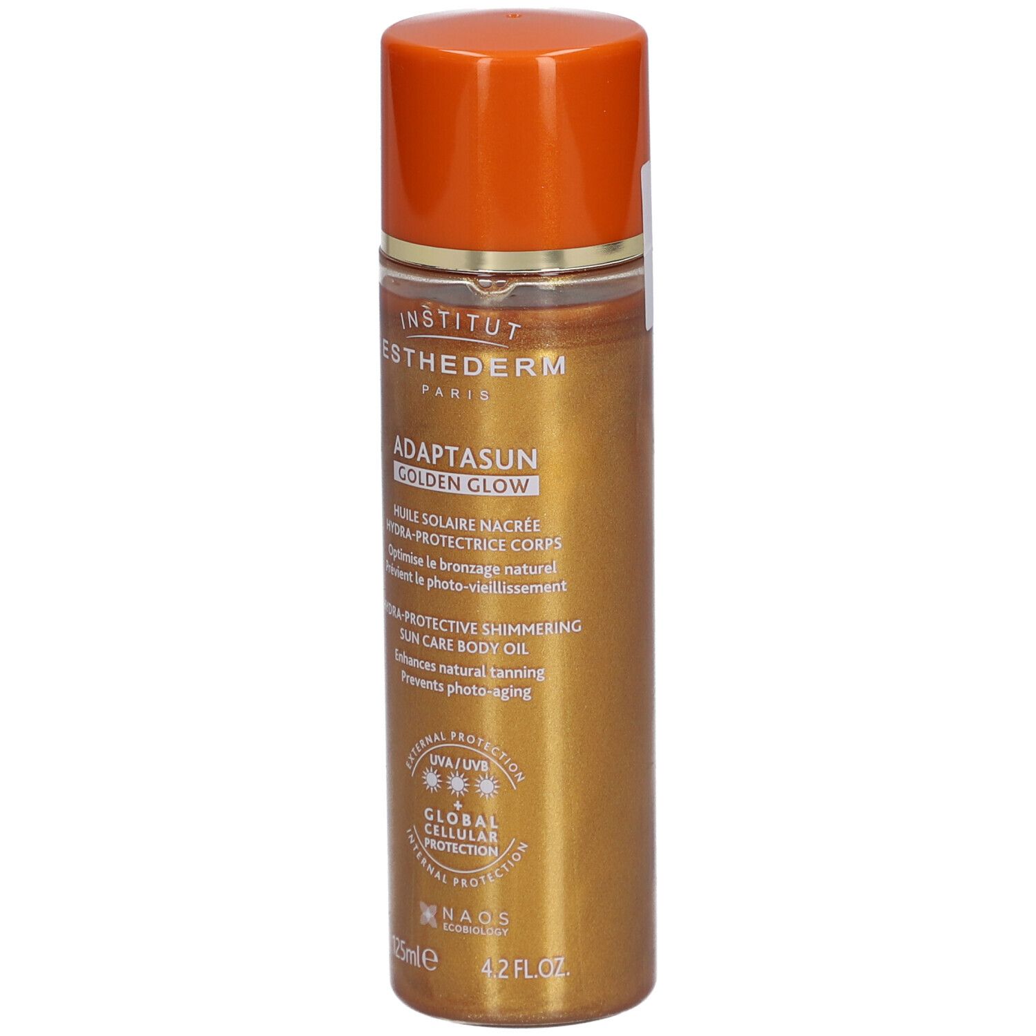 Goldfarbene Flasche mit orangefarbenem Deckel. Aufschrift: Institut Esthederm, Adaptasun Golden Glow, Huile Solaire Nacrée.