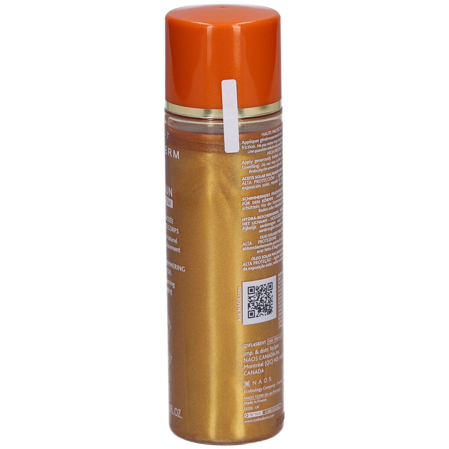 Goldfarbene Flasche mit orangefarbenem Deckel. Aufschrift: Institut Esthederm, Adaptasun Golden Glow, Huile Solaire Nacrée.