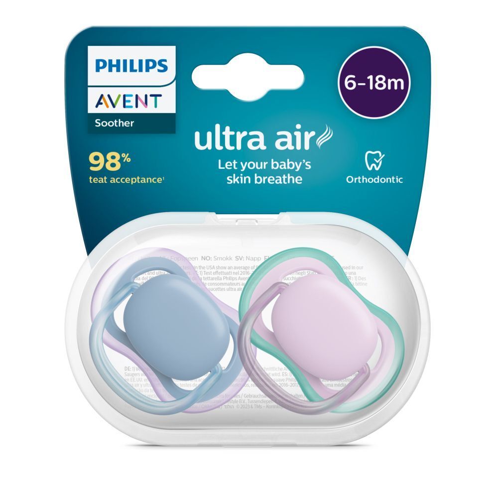 Verpackung mit zwei Schnullern. Marke PHILIPS AVENT. Text: Ultra Air, 6-18m, 98% Akzeptanz. Transparente Aufbewahrungsbox.