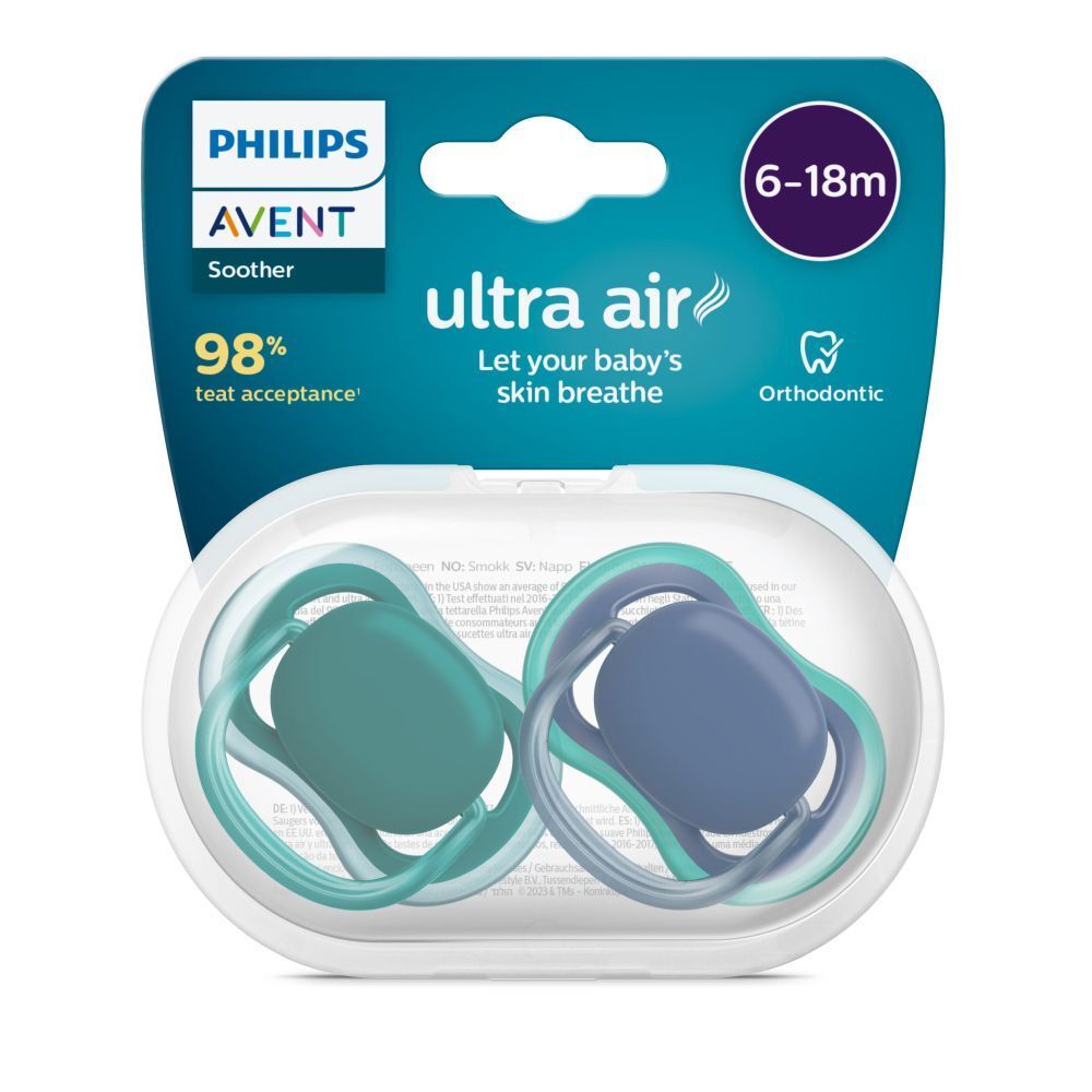 Verpakking met twee fopspenen. Merk PHILIPS AVENT. Tekst: Ultra Air, 6-18m, 98% acceptatie. Transparante opbergdoos.