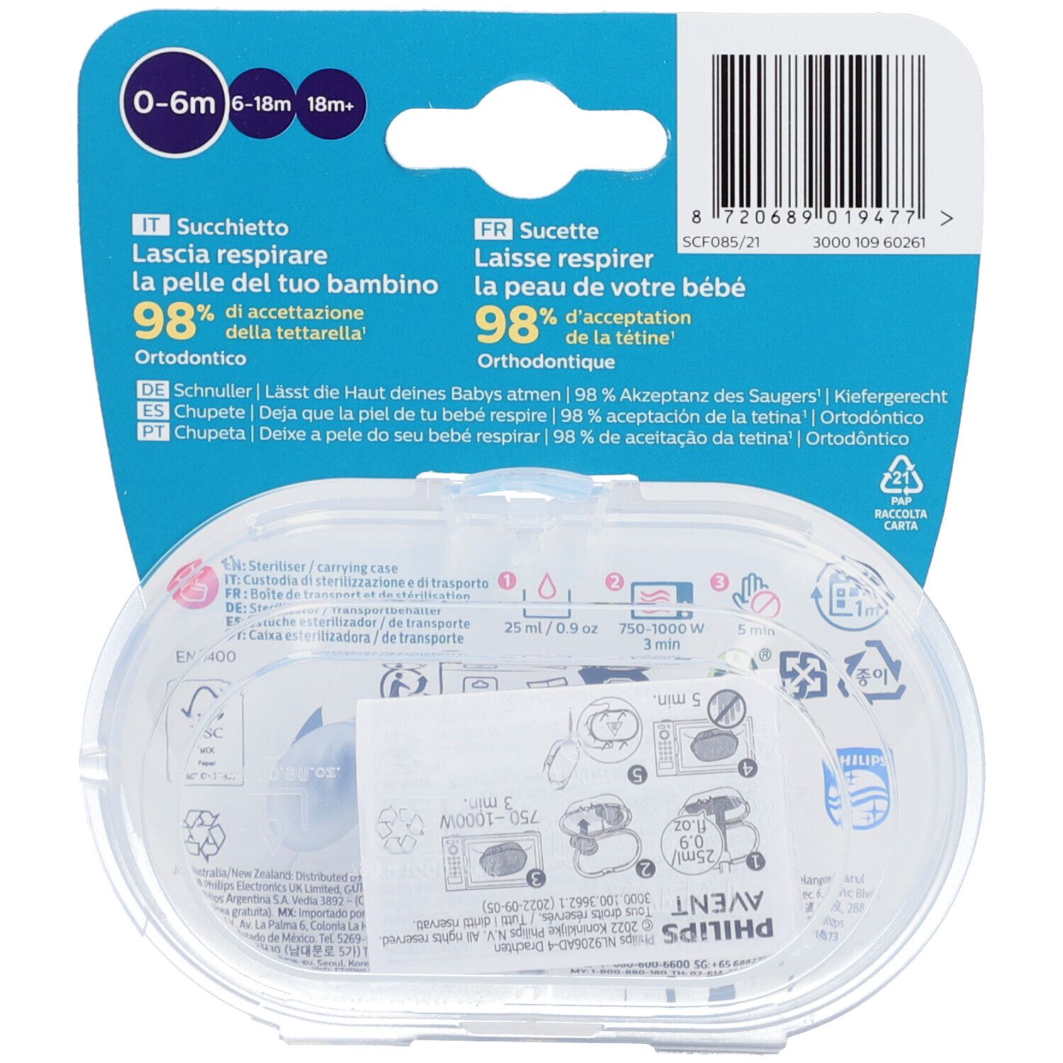 Emballage de sucettes PHILIPS AVENT Ultra Air. Contient 2 sucettes, 0-6 mois. Avec étui de transport et stérilisation.