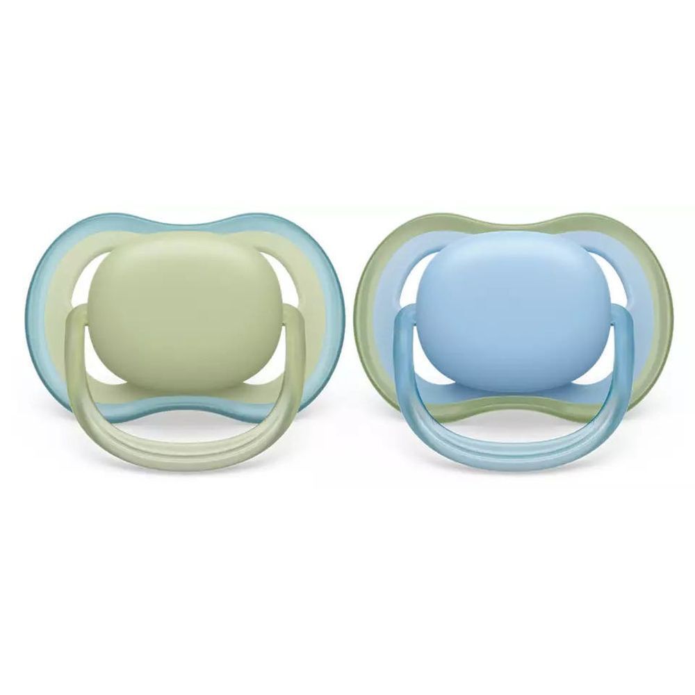 Deux sucettes PHILIPS AVENT Ultra Air. Vert et bleu. Vue de dessus.