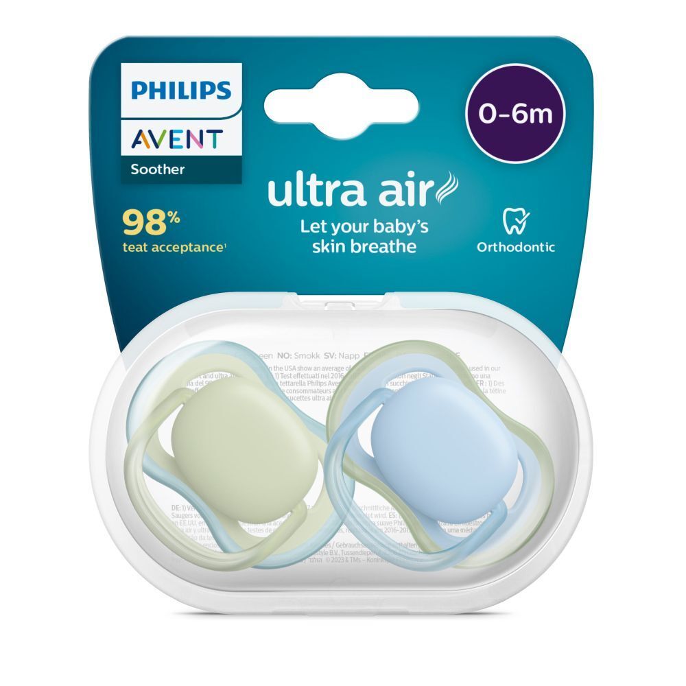 Deux sucettes PHILIPS AVENT Ultra Air. Vert et bleu. Vue de côté.