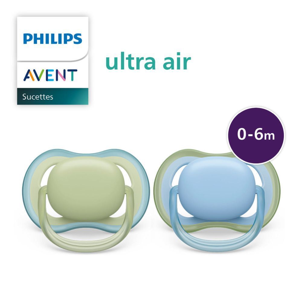 Deux sucettes PHILIPS AVENT Ultra Air. Vert et bleu. Gros plan.