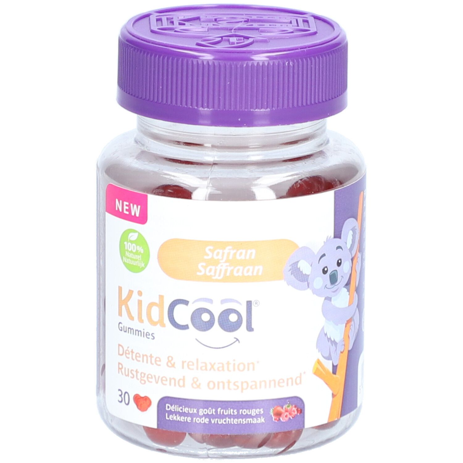 KidCool Gummibärchen Flasche mit 30 Stück, lila Deckel, Koala-Motiv.