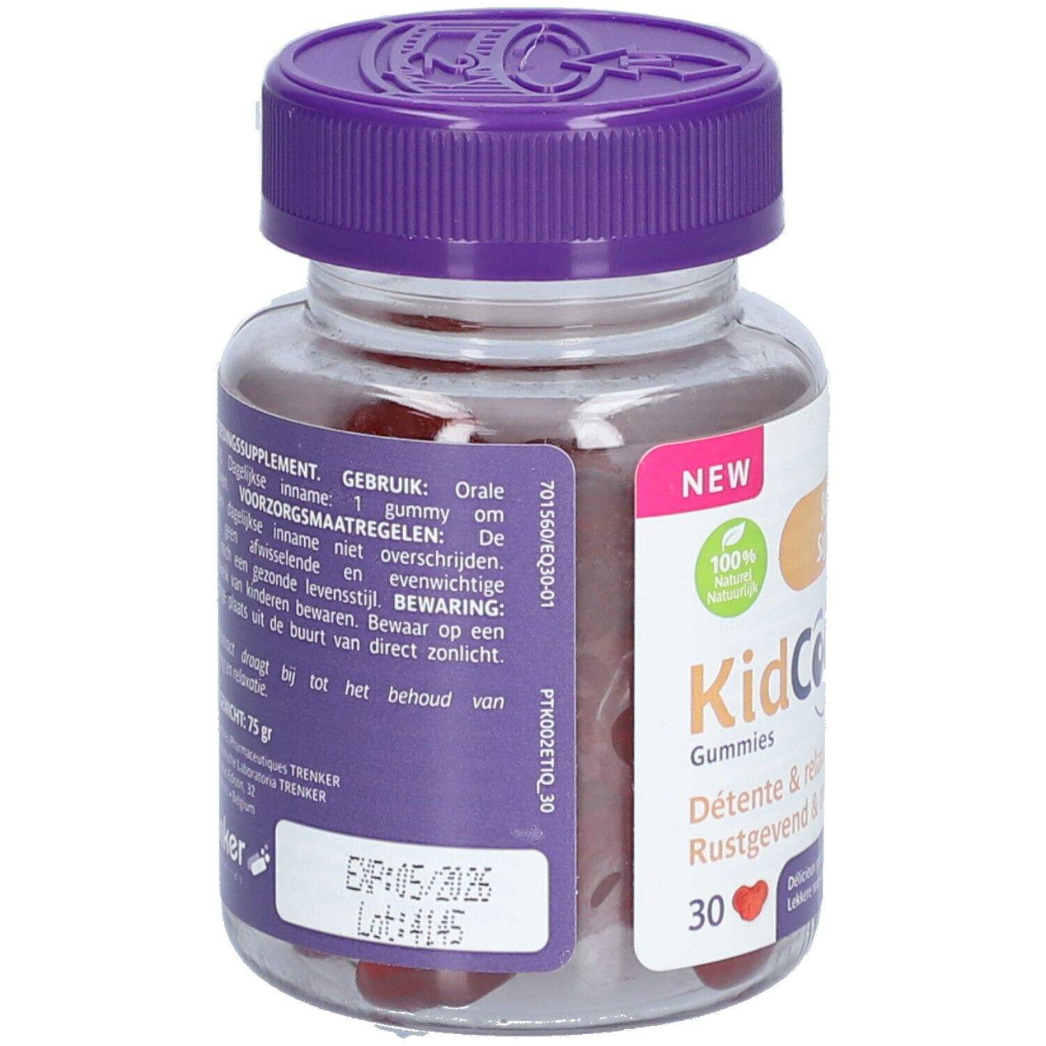 KidCool Gummibärchen Flasche mit 30 Stück, lila Deckel, Koala-Motiv.