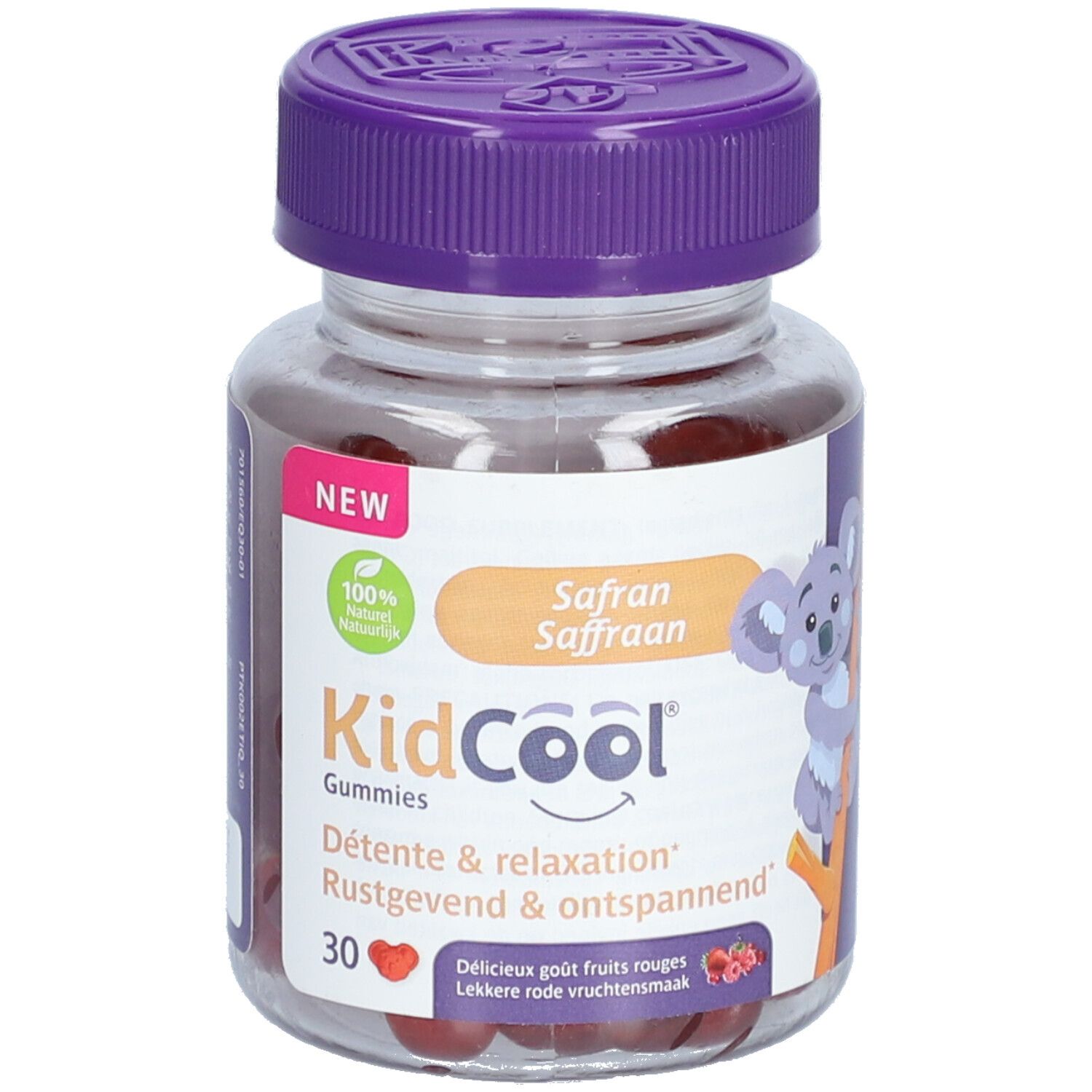 KidCool Gummibärchen Flasche mit 30 Stück, lila Deckel, Koala-Motiv.