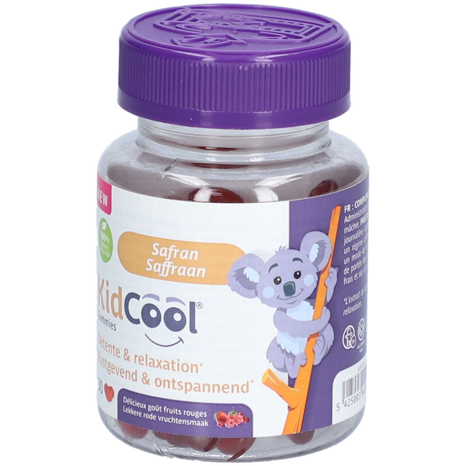 KidCool Gummibärchen Flasche mit 30 Stück, lila Deckel, Koala-Motiv.