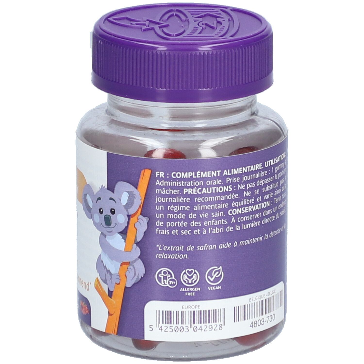 KidCool Gummibärchen Flasche mit 30 Stück, lila Deckel, Koala-Motiv.