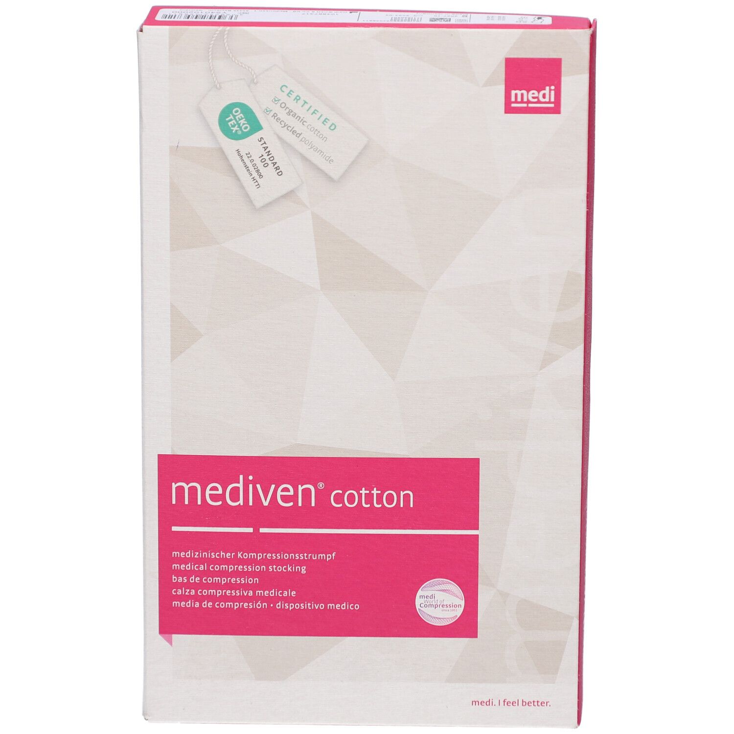 Verpackung von Mediven Cotton Kompressionsstrümpfen. Rosa Rechteck mit Produktnamen und Zertifizierungen. Weißer Hintergrund.