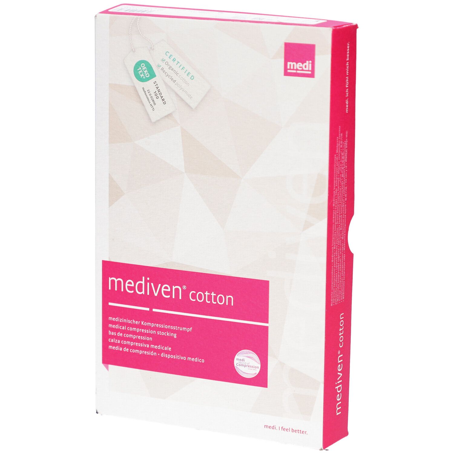 Verpackung von Mediven Cotton Kompressionsstrümpfen. Rosa Rechteck mit Produktnamen und Text. Oeko-Tex-Zertifikat.