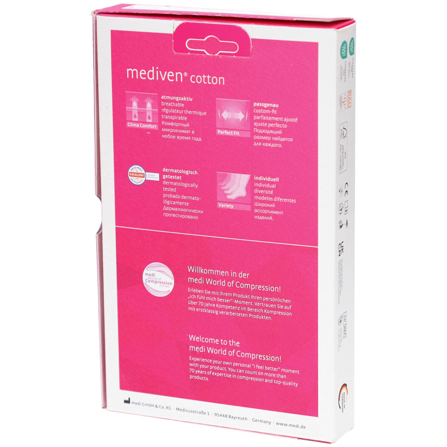 Rückseite der Verpackung von Mediven Cotton. Text in mehreren Sprachen. Logos und Produktinformationen. Weiß und rosa.