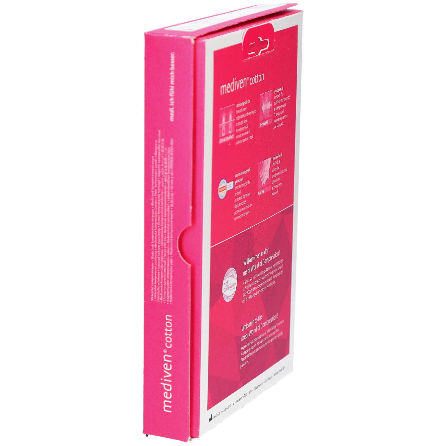 Seitenansicht der Verpackung von Mediven Cotton. Rosa und weiß. Produktname und Logos. Text in mehreren Sprachen.