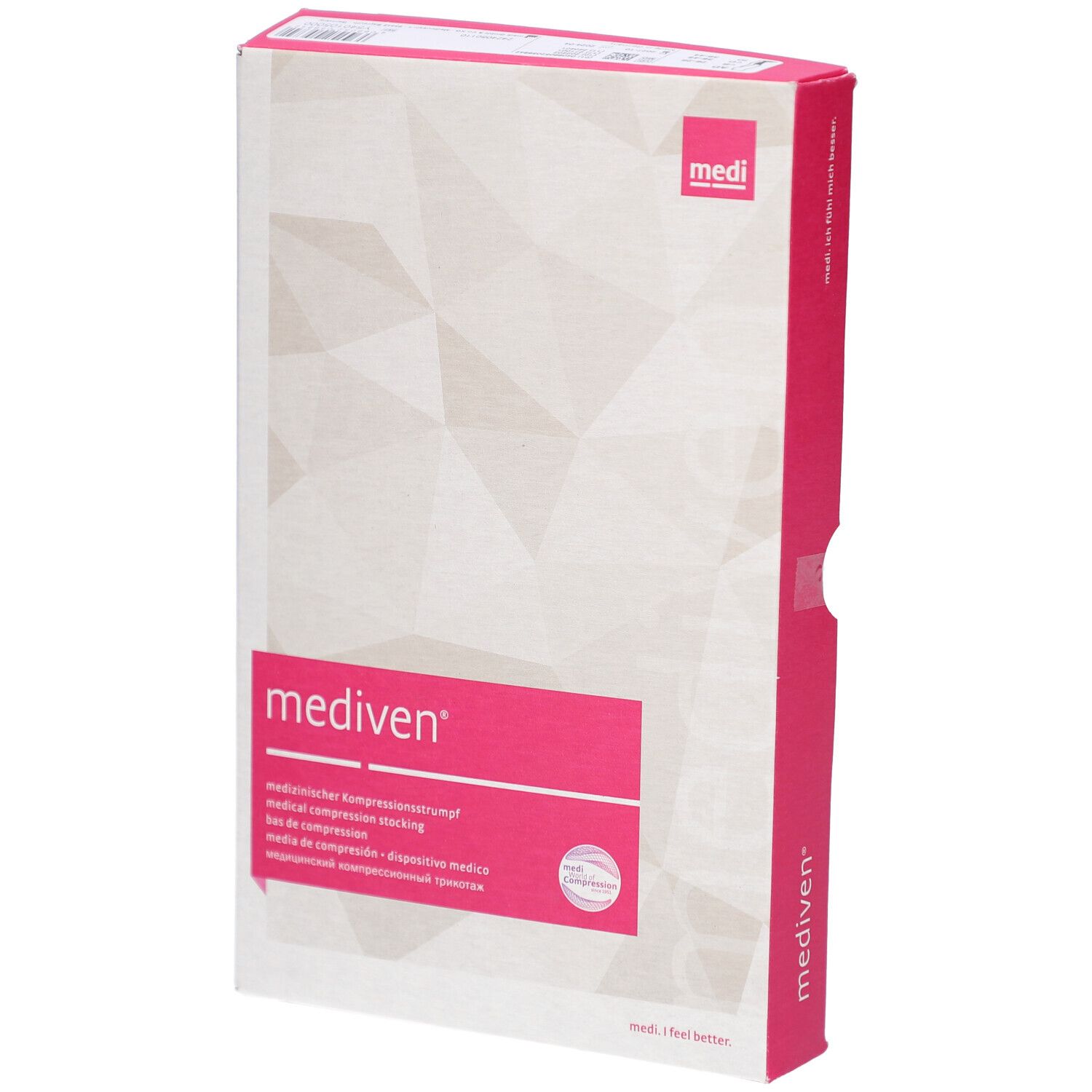 Verpackung von medi mediven Kompressionsstrümpfen. Rosa und weißes Design mit Produktnamen und Logo. Medizinische Kompressionsstrümpfe.