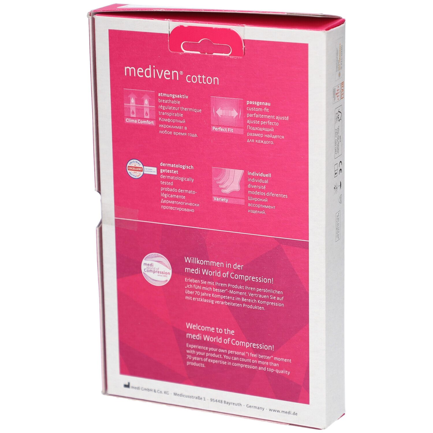 Rückseite der Verpackung von medi mediven cotton Kompressionsstrümpfen. Produktinformationen und Logos. Medizinprodukt.