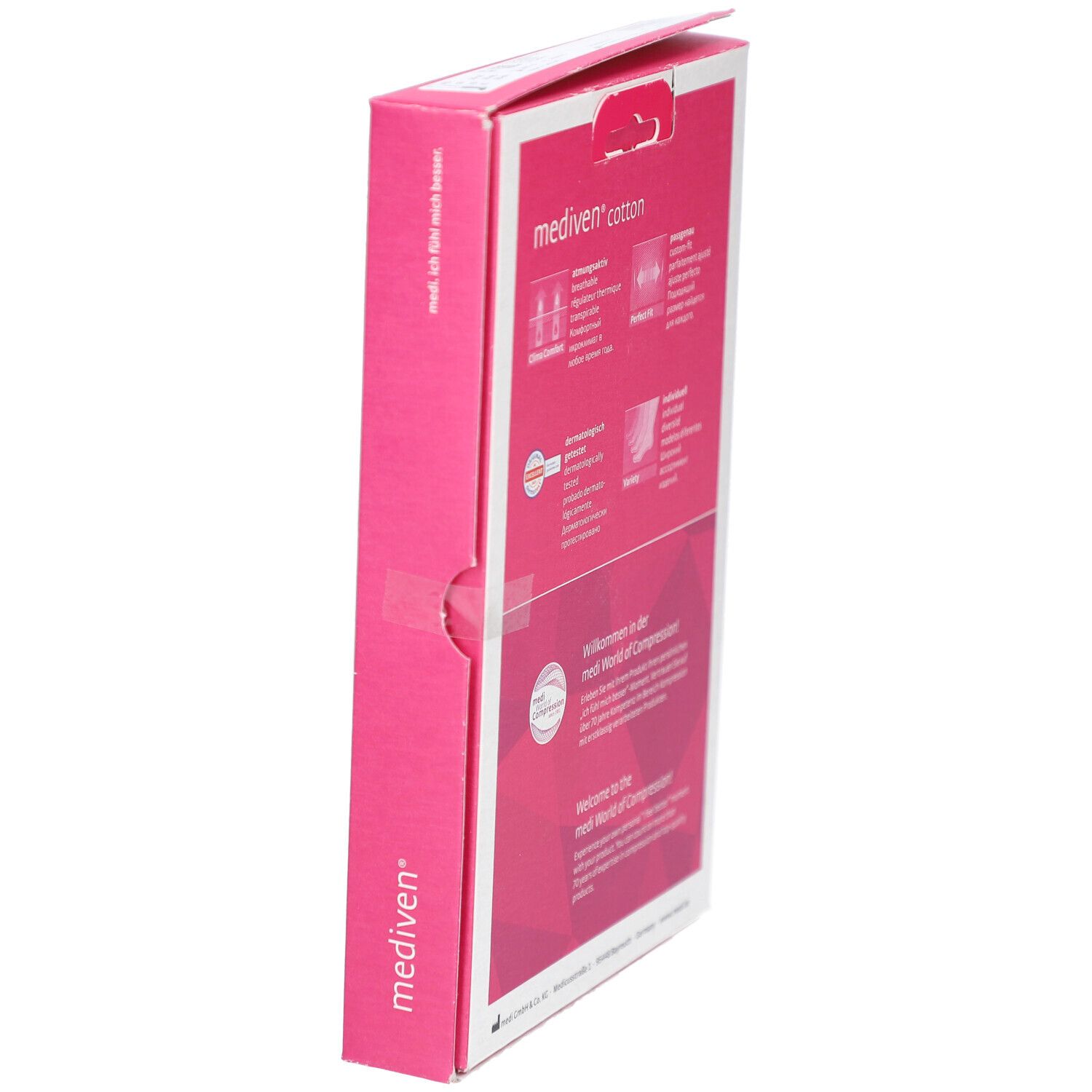 Seitenansicht der Verpackung von medi mediven cotton Kompressionsstrümpfen. Produktname und Logo. Medizinprodukt.