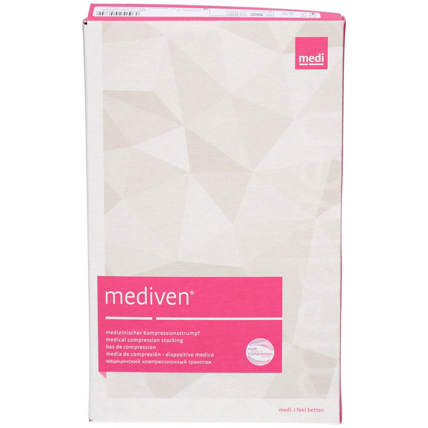 Verpackung von medi mediven Kompressionsstrümpfen. Weiß mit rosa Akzenten. Produktname und Logo. Medizinische Kompressionsstrümpfe.