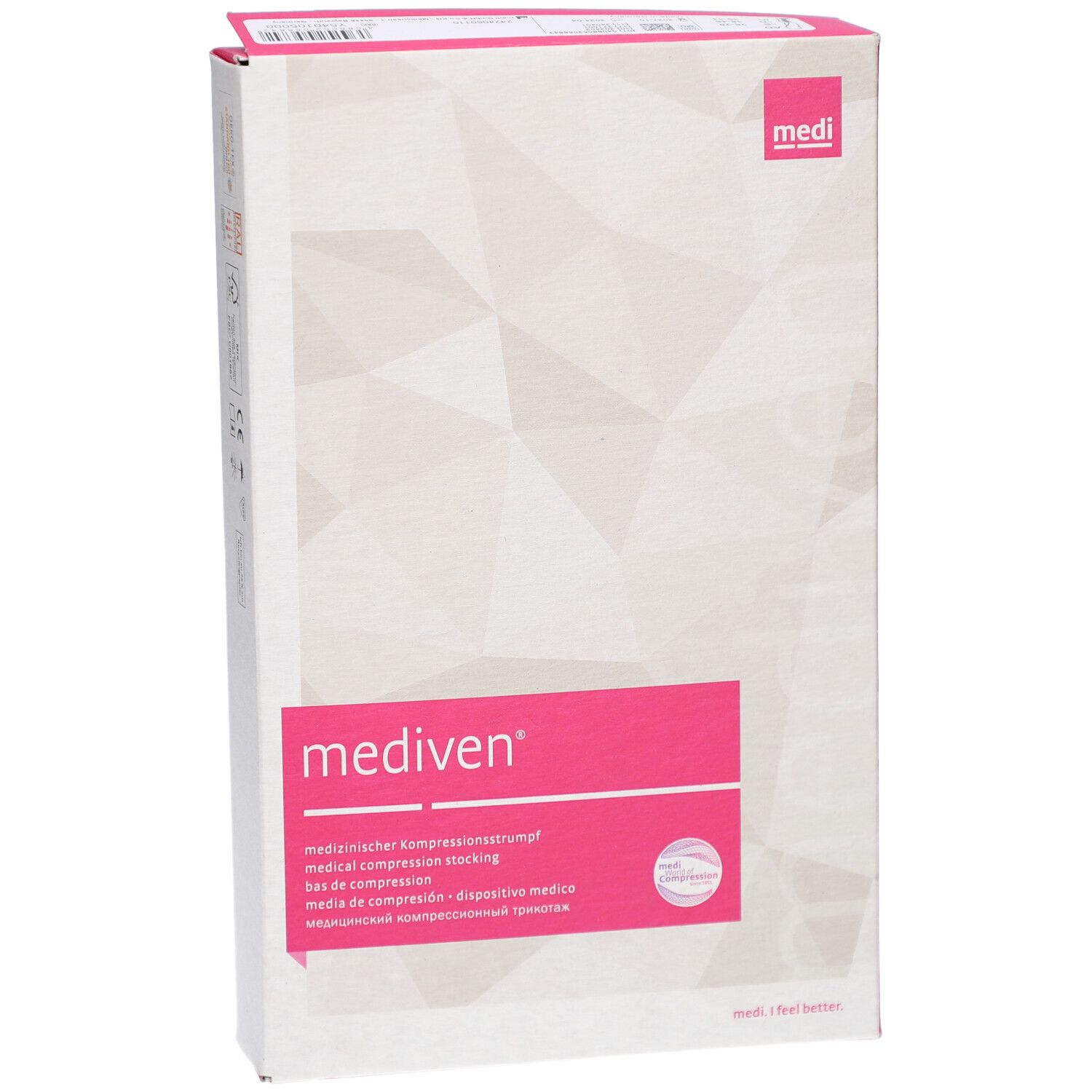 Verpackung von medi mediven Kompressionsstrümpfen. Weiß mit rosa Akzenten. Produktname und Logo. Medizinische Kompressionsstrümpfe.