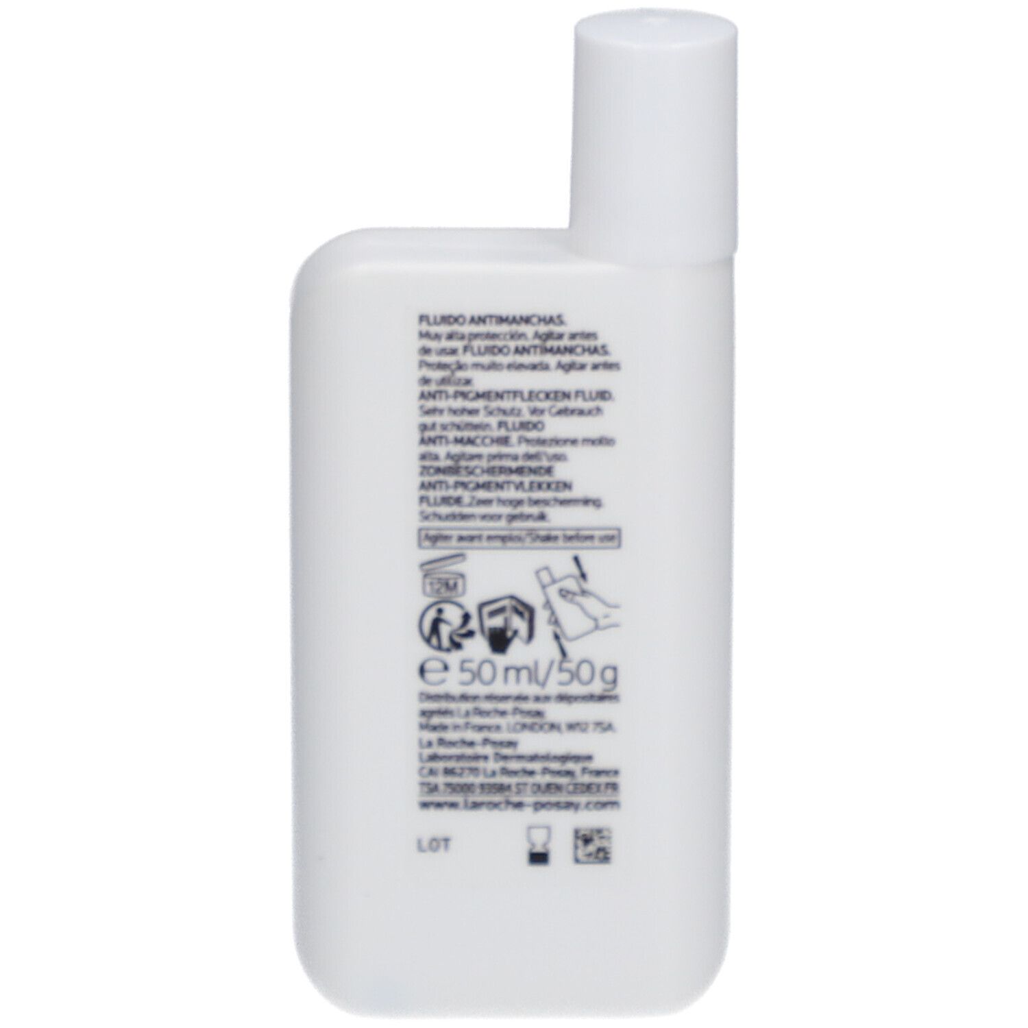 Rückseite der weißen Flasche. Text: Fluido antimanchas, e 50ml/50g. La Roche-Posay.
