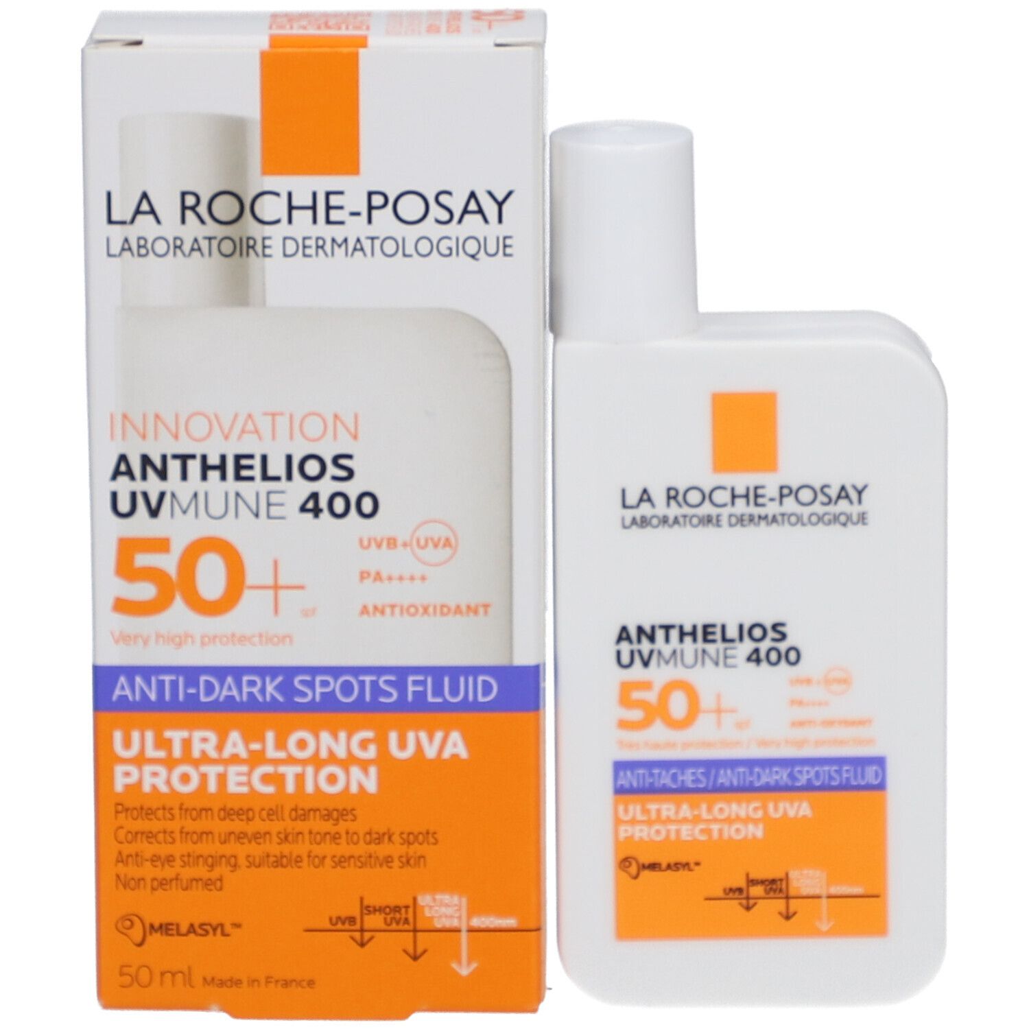Produkt und Verpackung. Weiße Schachtel und Flasche. Text: Anthelios Uvmune 400, SPF50+.