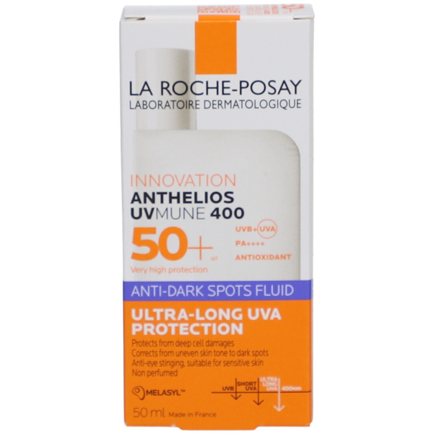 Weiße Schachtel mit Produktabbildung. Text: Anthelios Uvmune 400, SPF50+, Anti-Dark Spots Fluid.