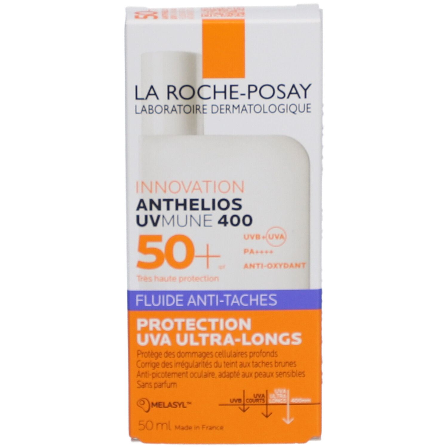 Produktverpackung. Text: Anthelios Uvmune 400, SPF50+, Fluide Anti-Taches.