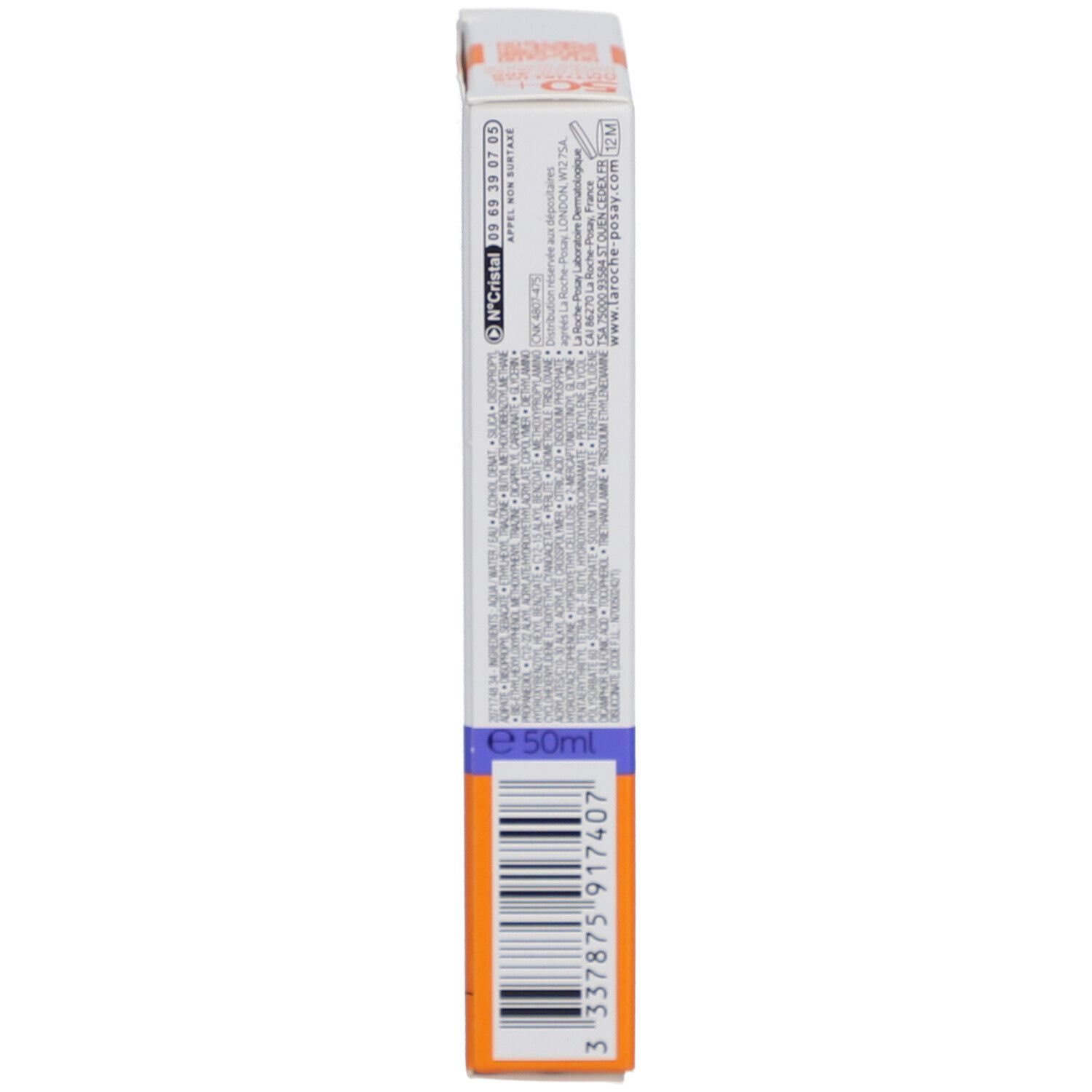 Seite der Produktverpackung. Text und Barcode. E 50ml.