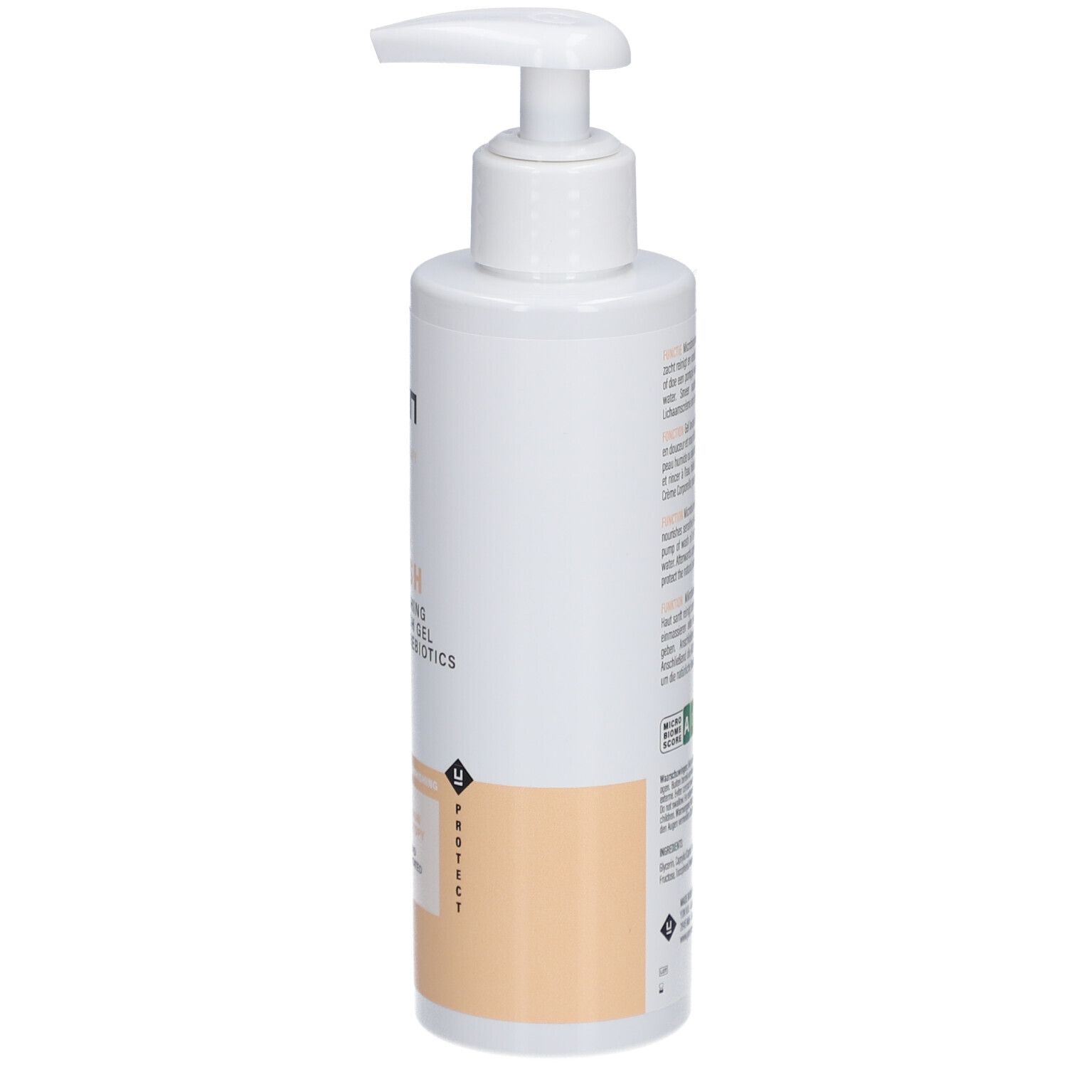 Weiße Flasche mit Pumpe. Aufschrift: YUN ATO WASH, nährendes Öl-Waschgel mit Präbiotika.